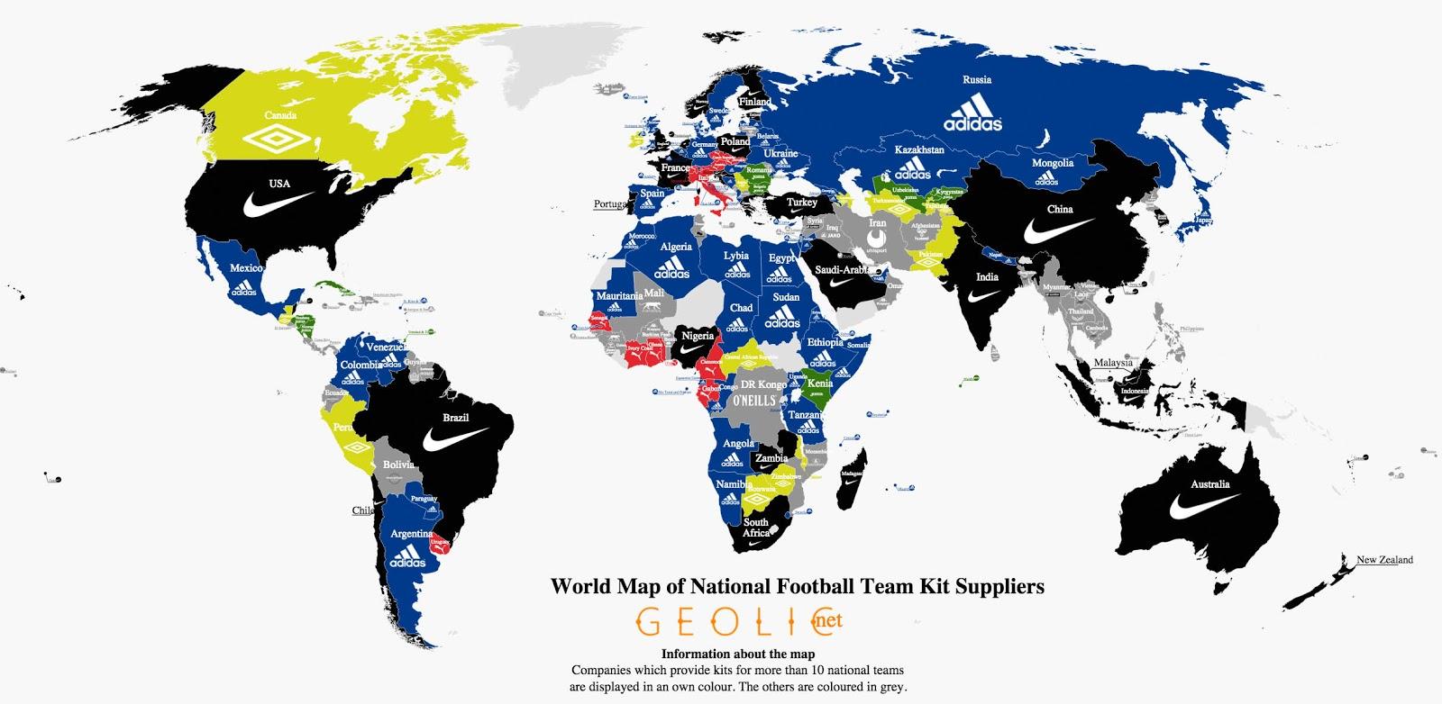 World Map of National Football Team Kit Suppliers r/MapPorn