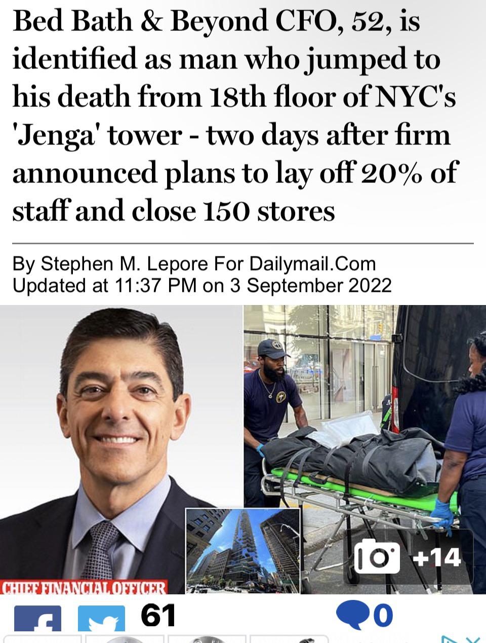🚨 BREAKING NEWS Bed Bath & Beyond (BBBY) CFO Commits Suicide (!!) r