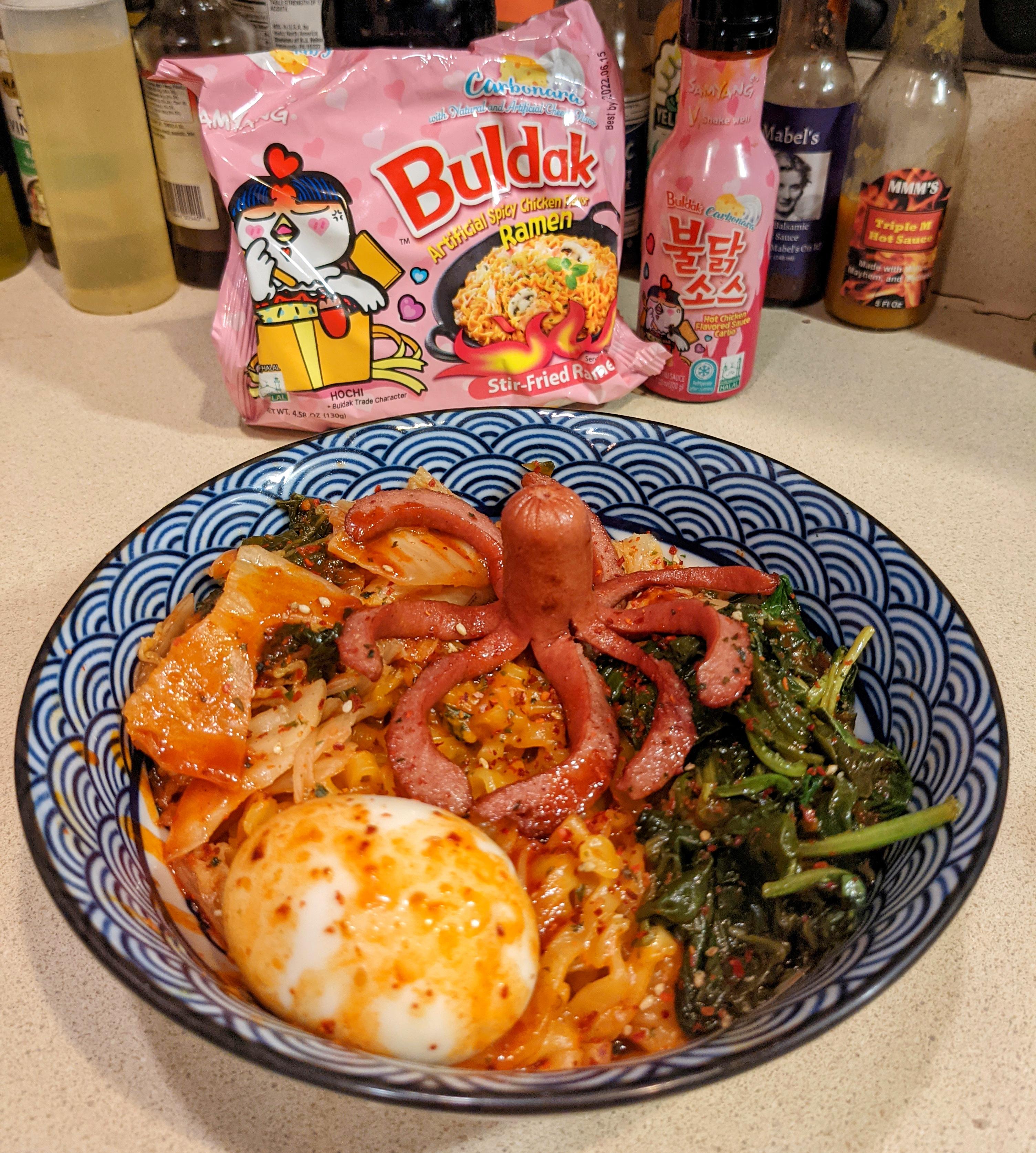 Buldak carbonara, hot dog squid, kimchi, sesame spinach, hardboiled