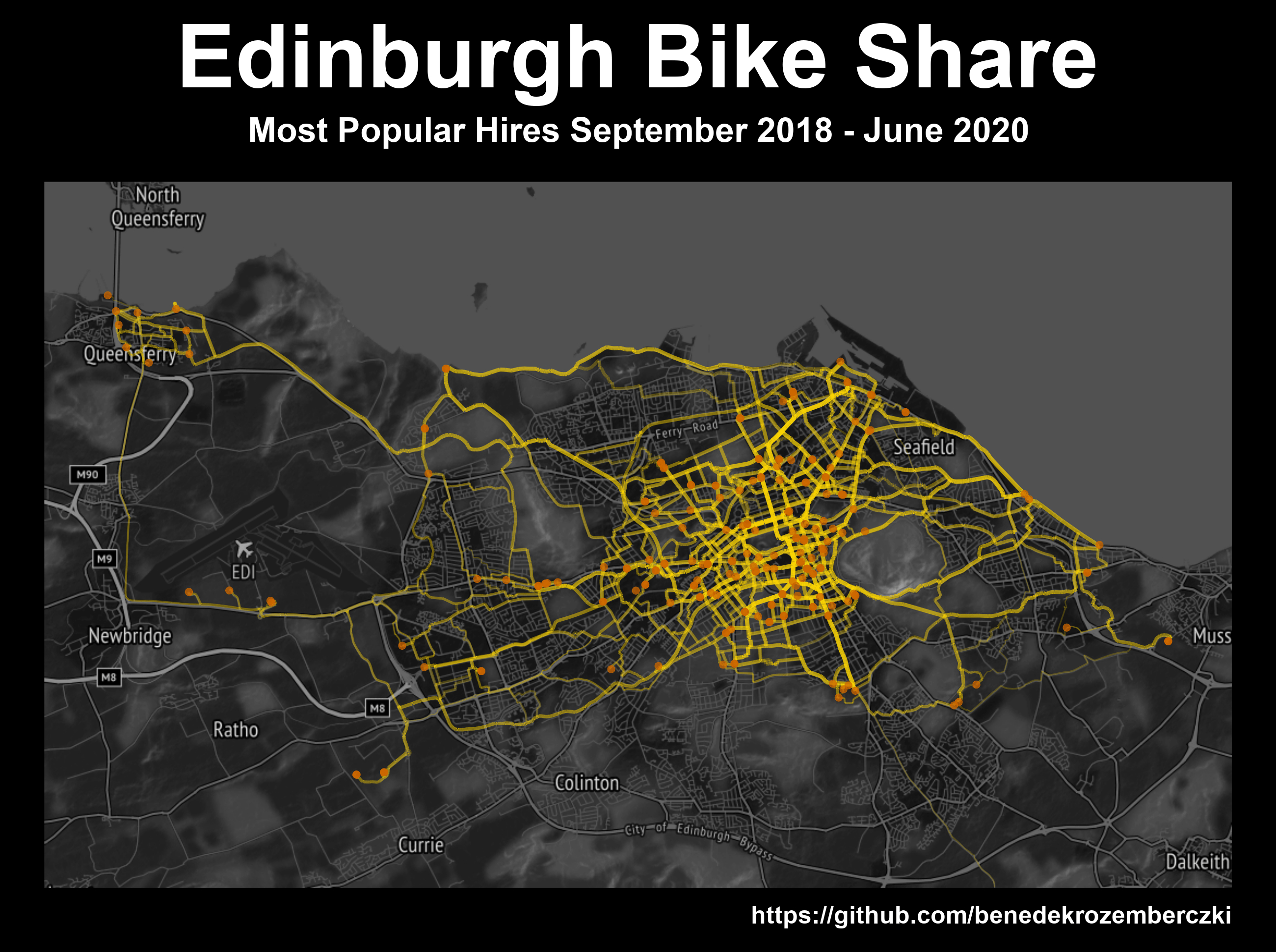 [OC] Edinburgh Bike Share System Popular Hires r/dataisbeautiful