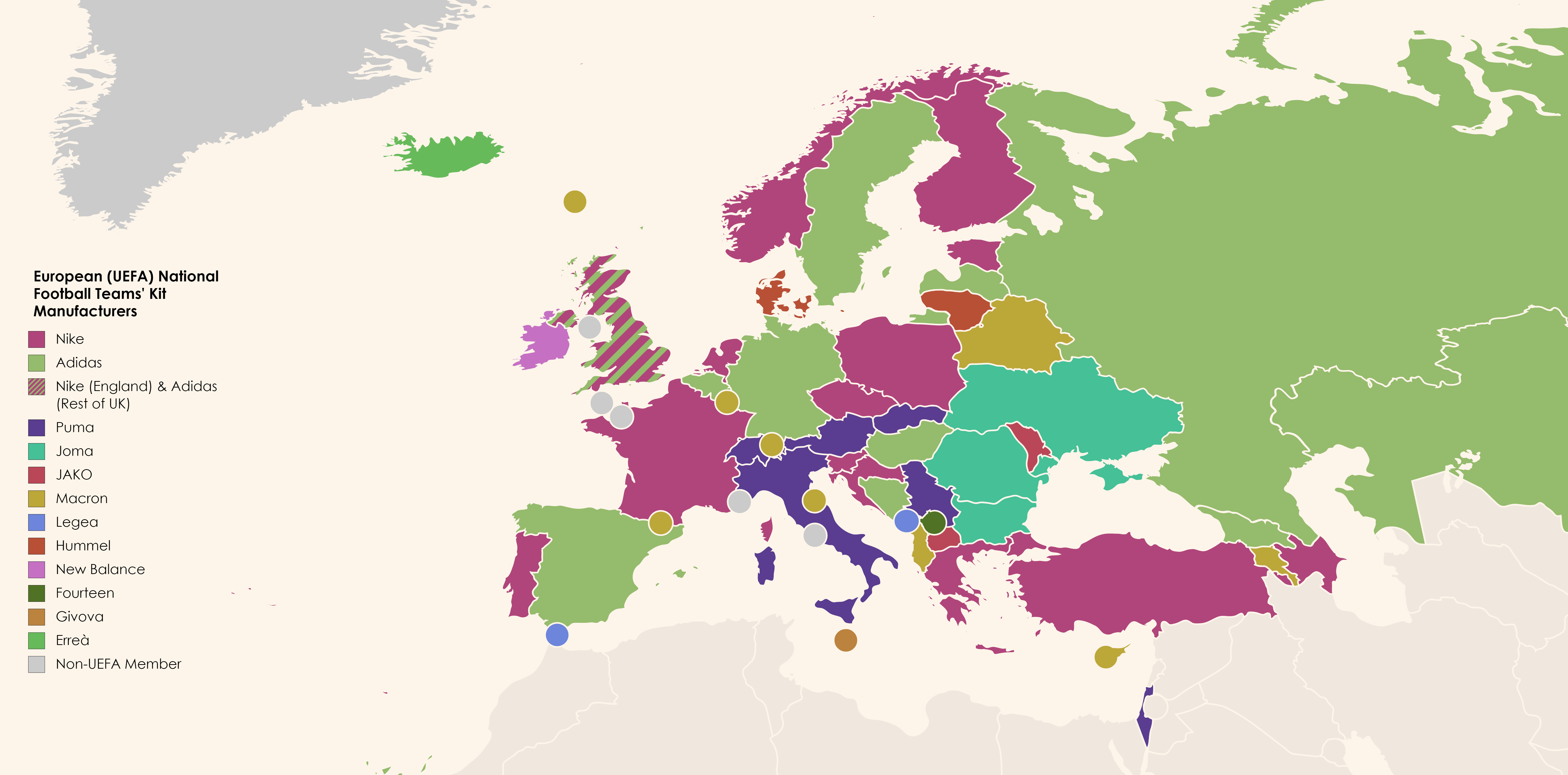 European (UEFA) National Football Teams' Kit Manufacturers [OC] r/europe