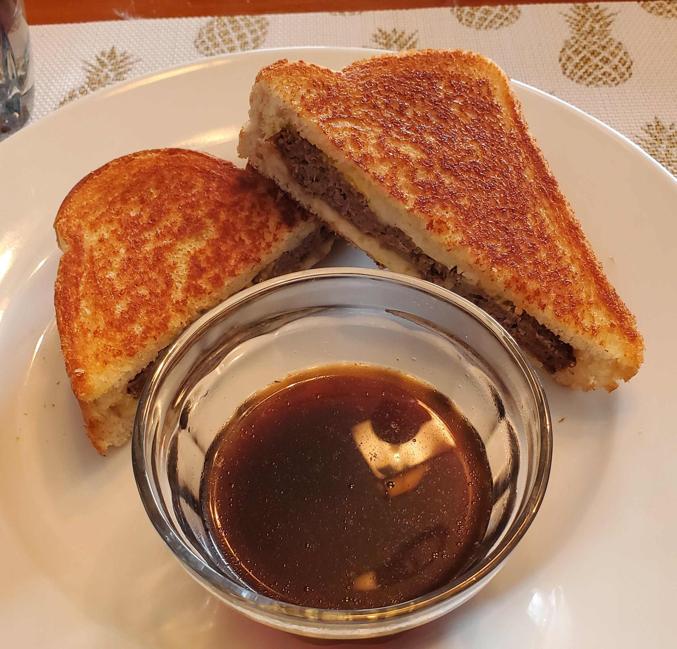 Meatloaf Patty Melt with au jus for dipping r/melts