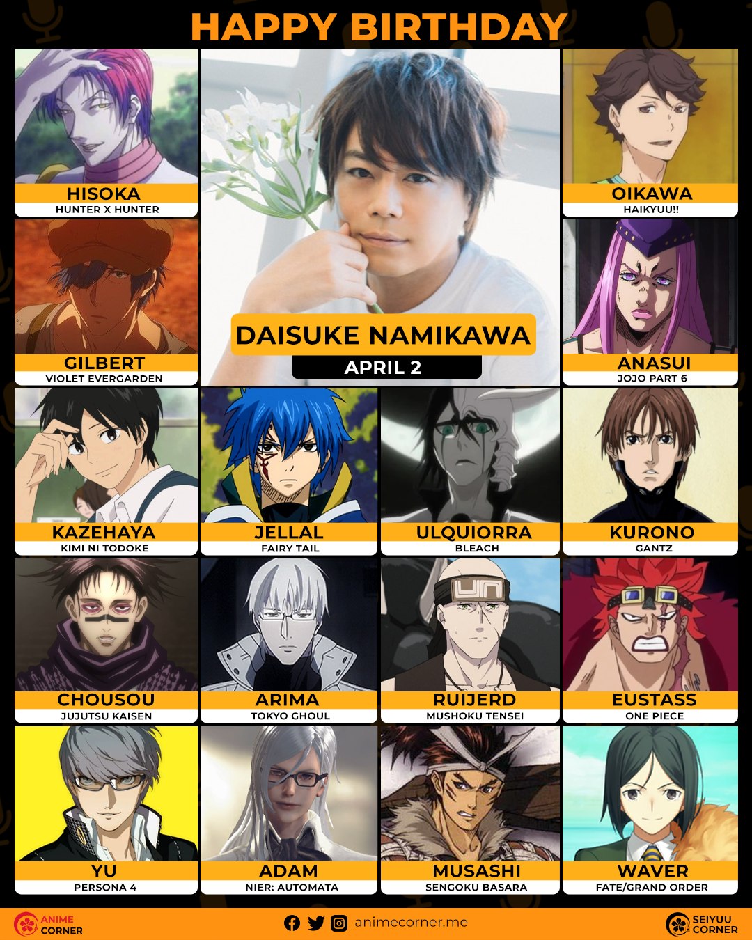 Happy 47th birthday to Namikawa Daisuke who voices Eustass r/OnePiece