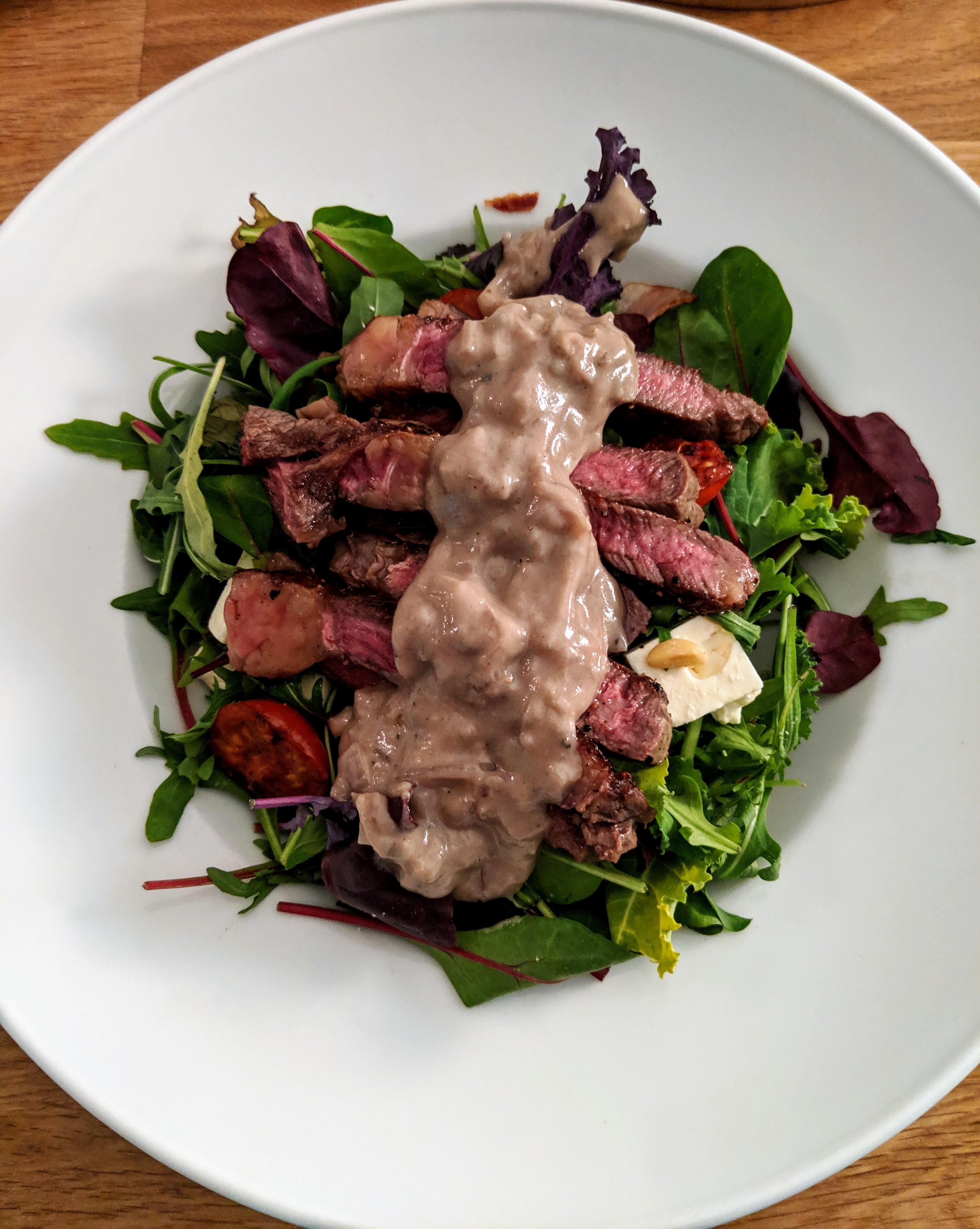 [Homemade] Rib eye steak with sauce and salad r/food