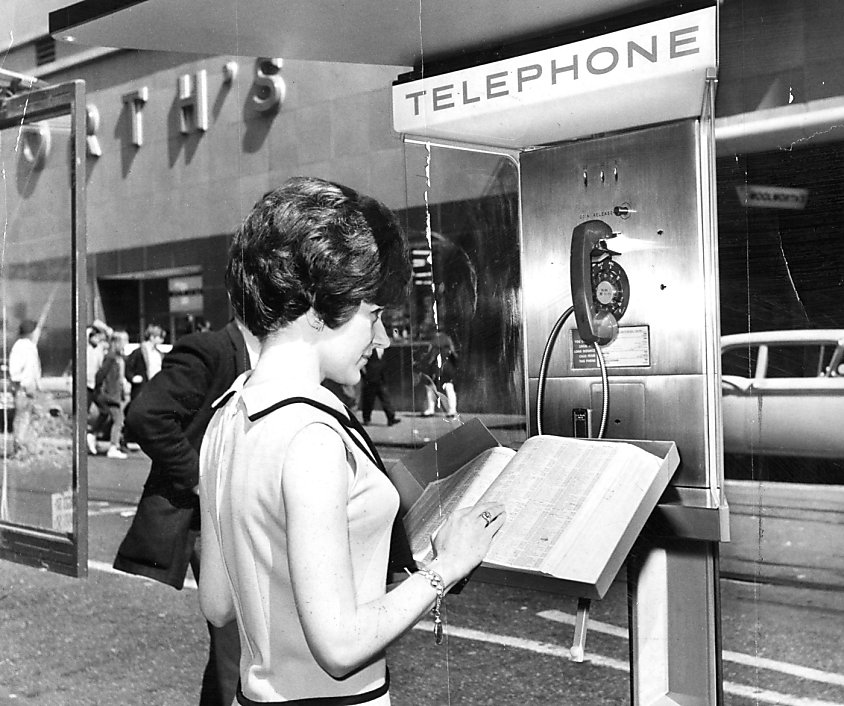 1960s, notice that in the street there's a phone book with everybody's