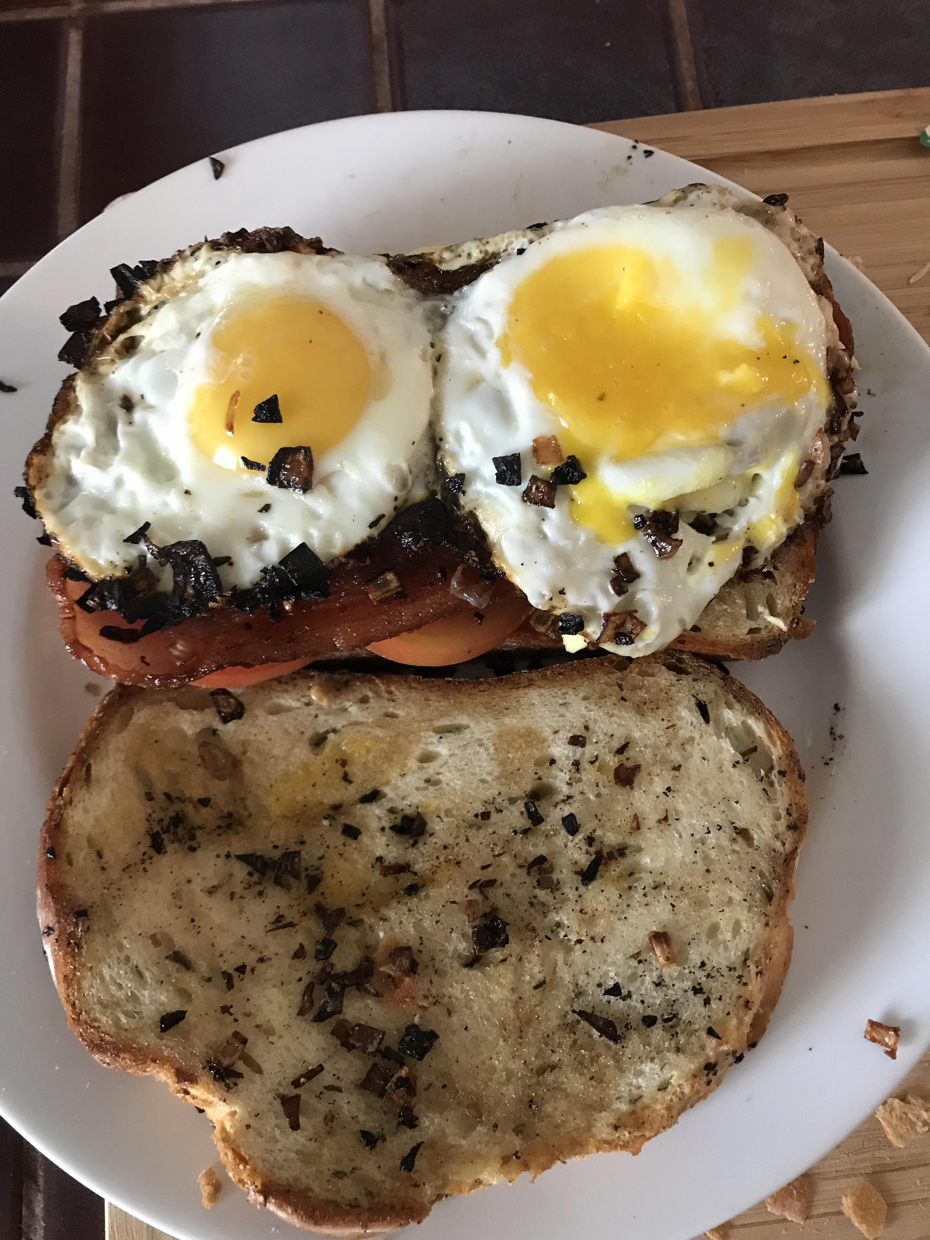 Butchers bacon, eggs, tomato, avacado, shallots, garlic and fresh