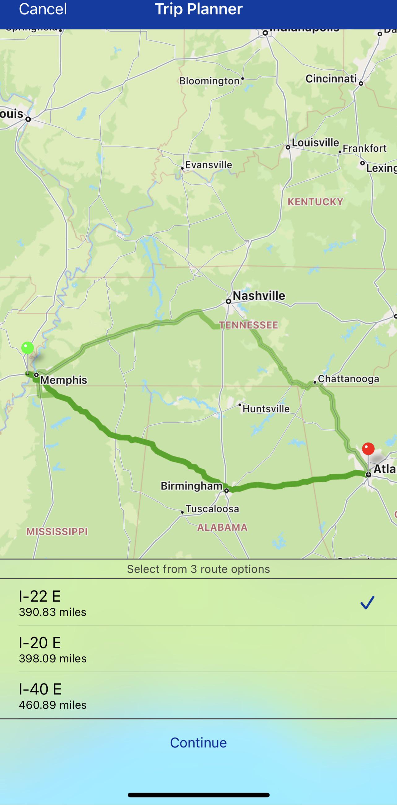 I can drive through Tennesee or through Alabama to get to