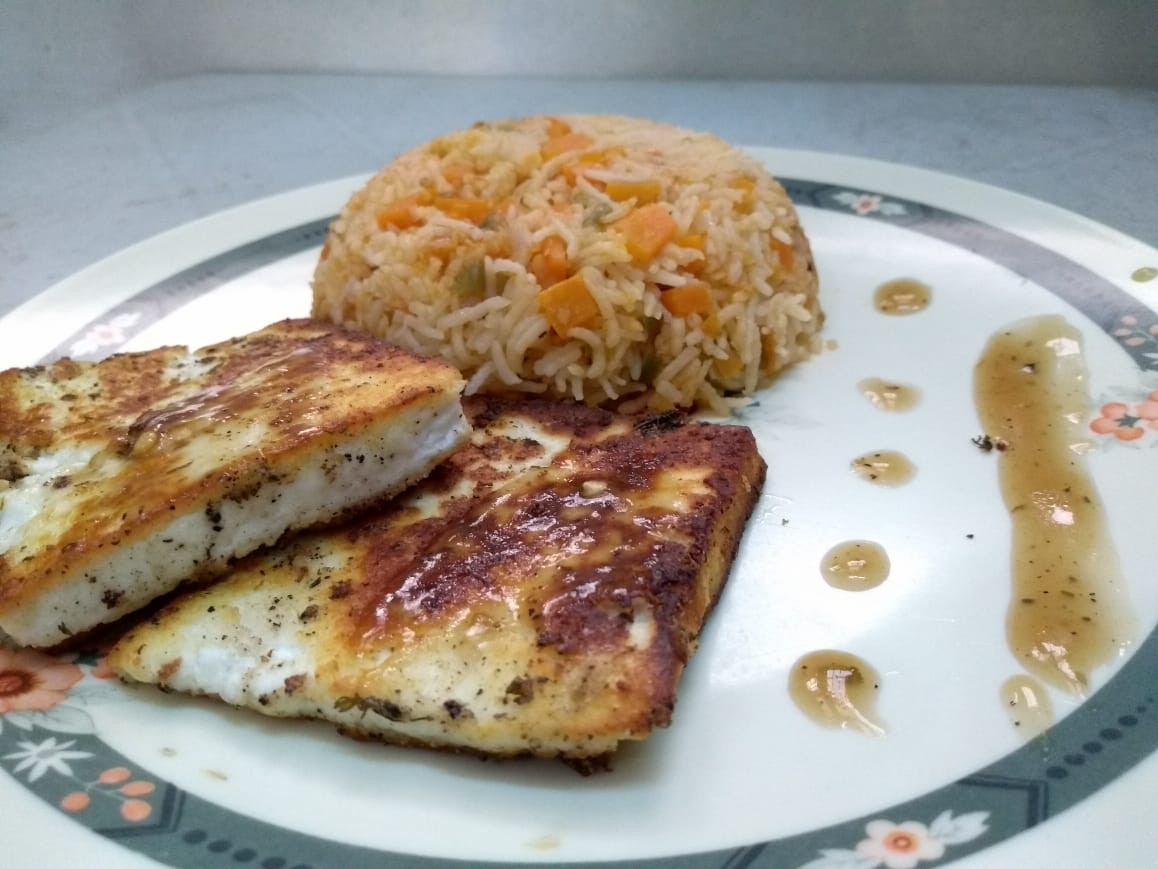 Homemade Cottage Cheese (paneer) Steak with flavoured Rice and reduced