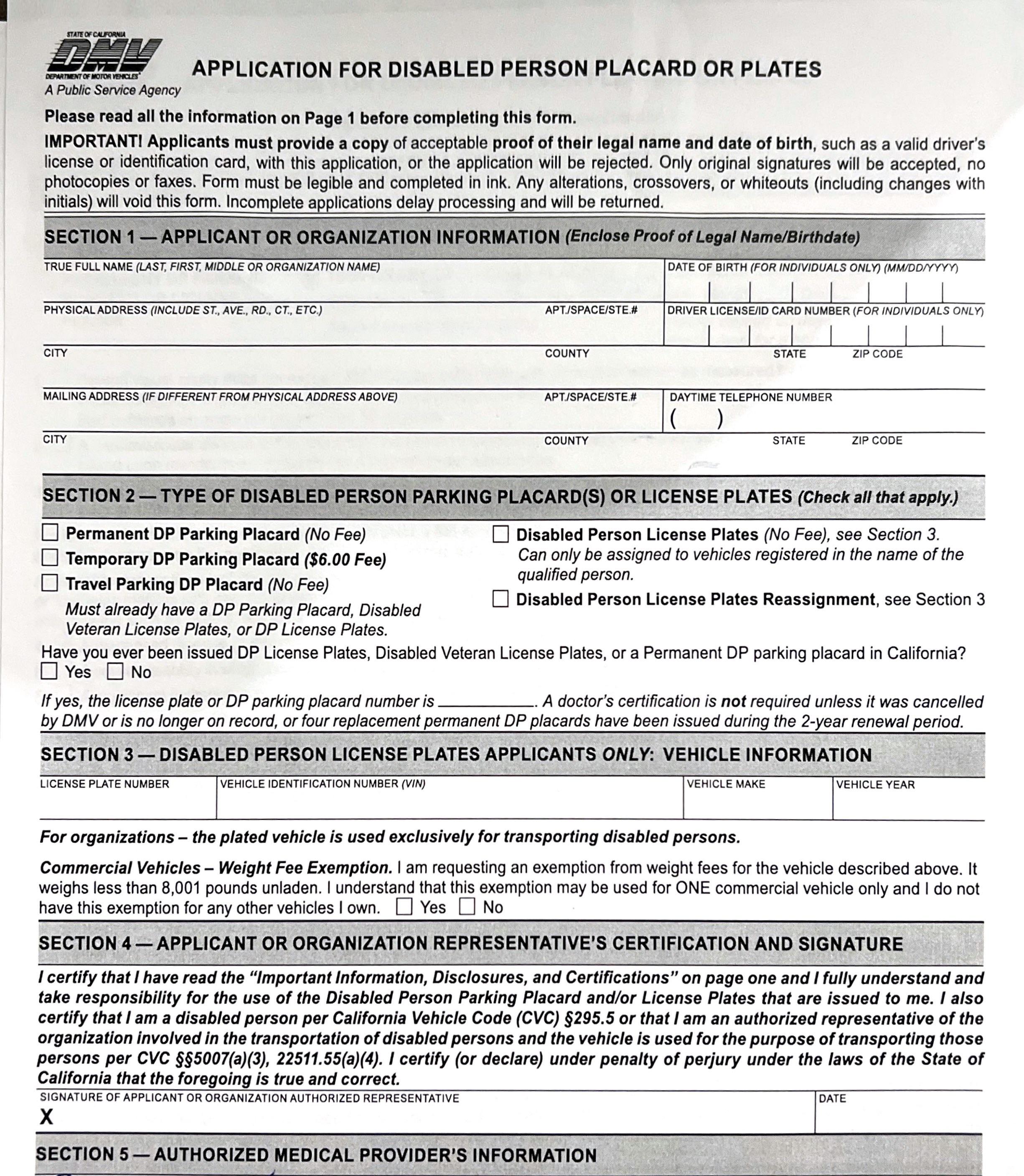 Disabled application for place card. in section 1 is that the name of