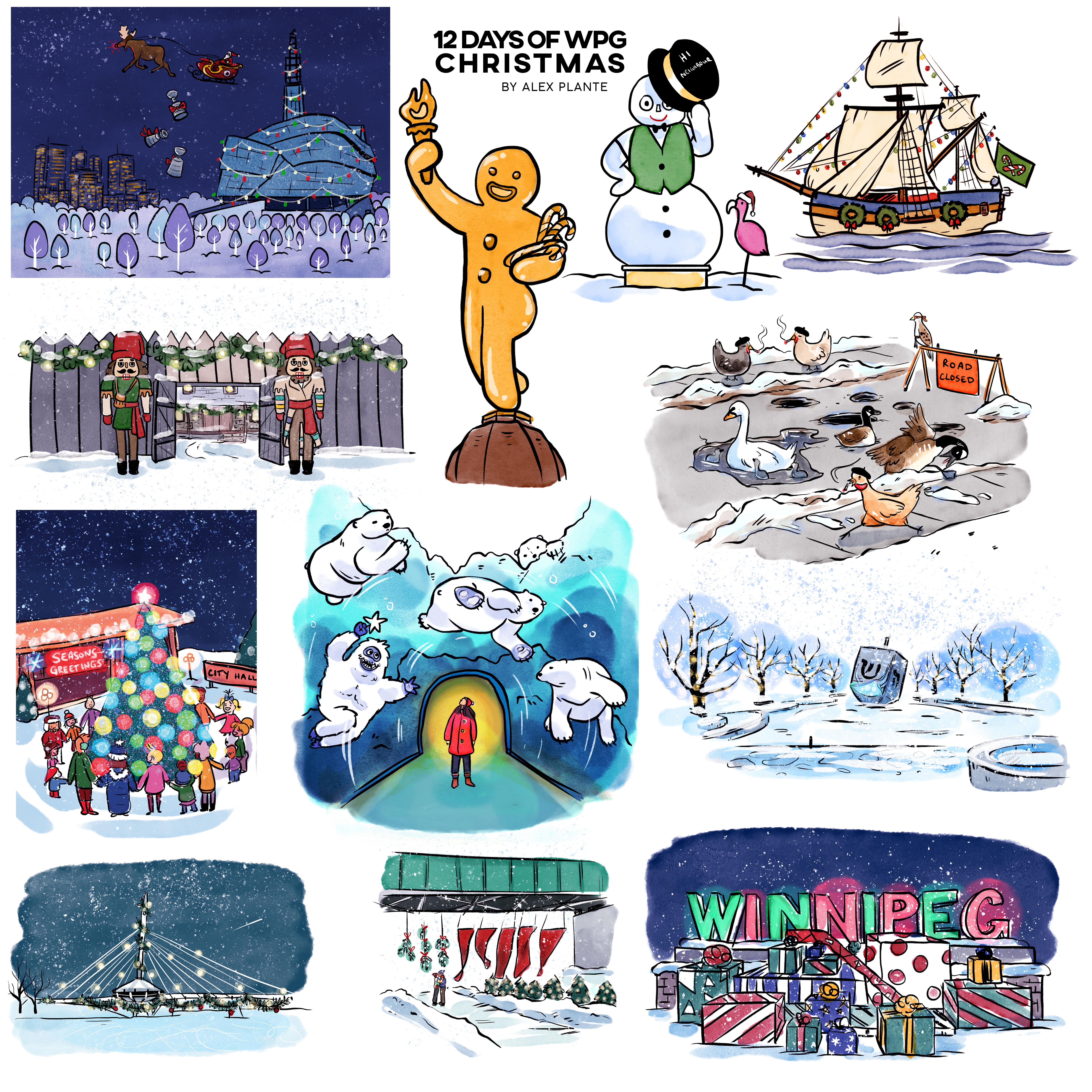 Hey! I drew 12 Winnipeg landmarks and quirks into Christmas cards! The