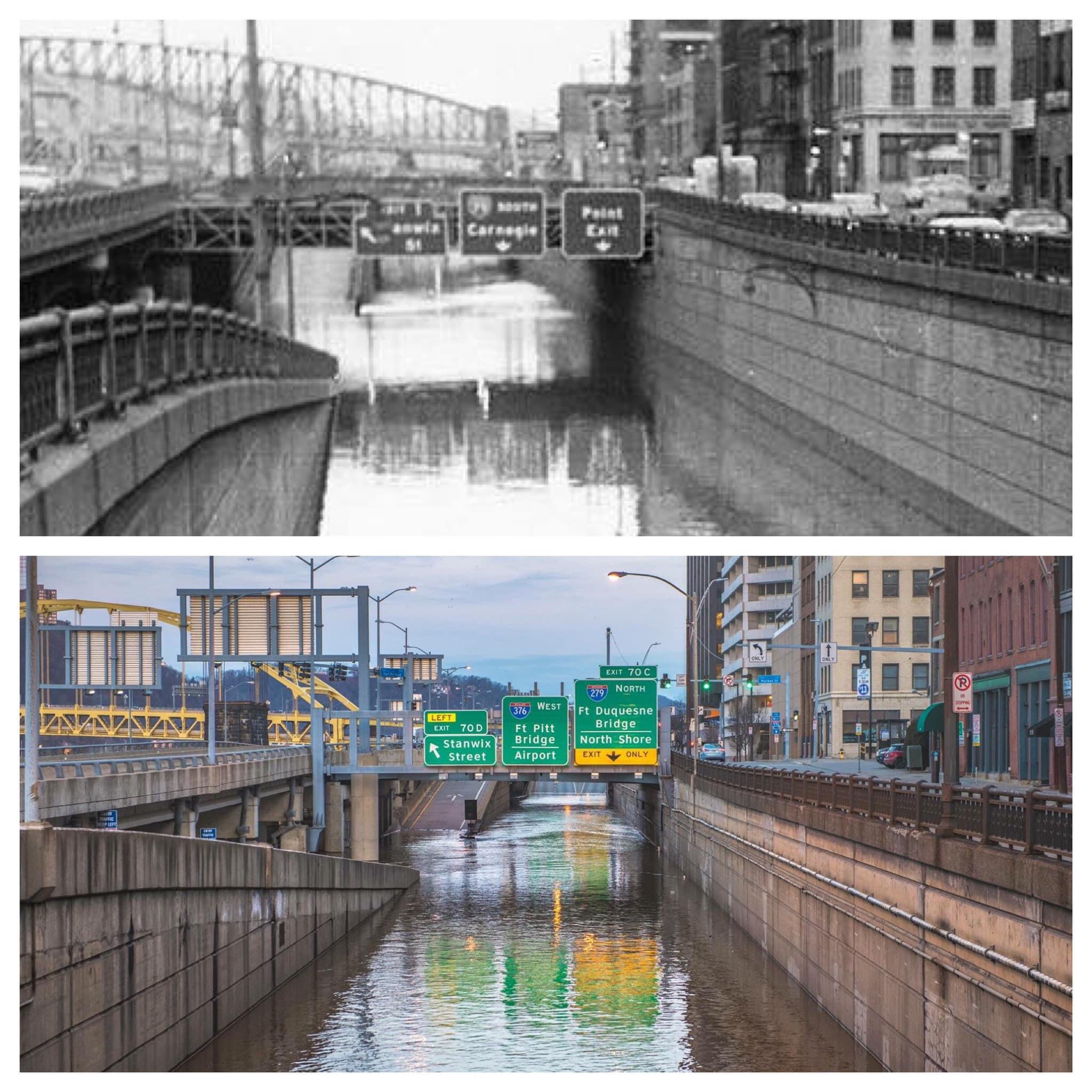 Flooding in downtown Pittsburgh, PA, 1964/2020. Credit unknown. r