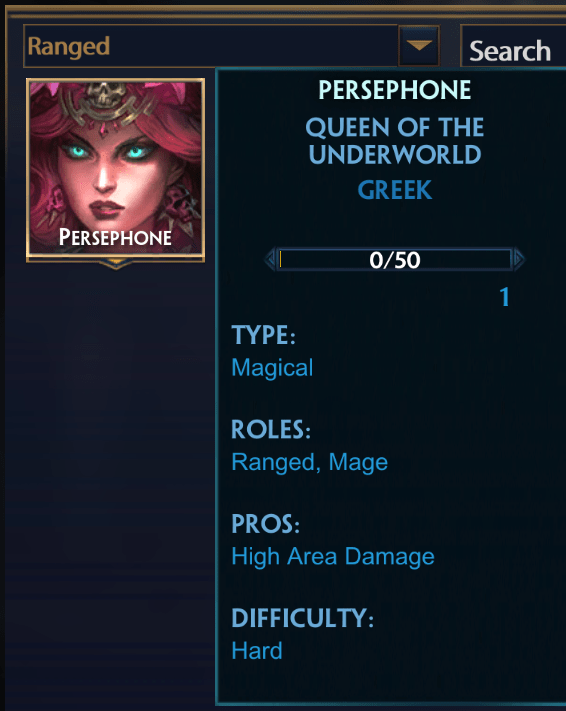 Persephone's Class is now "Ranged, Mage", creating a whole new search