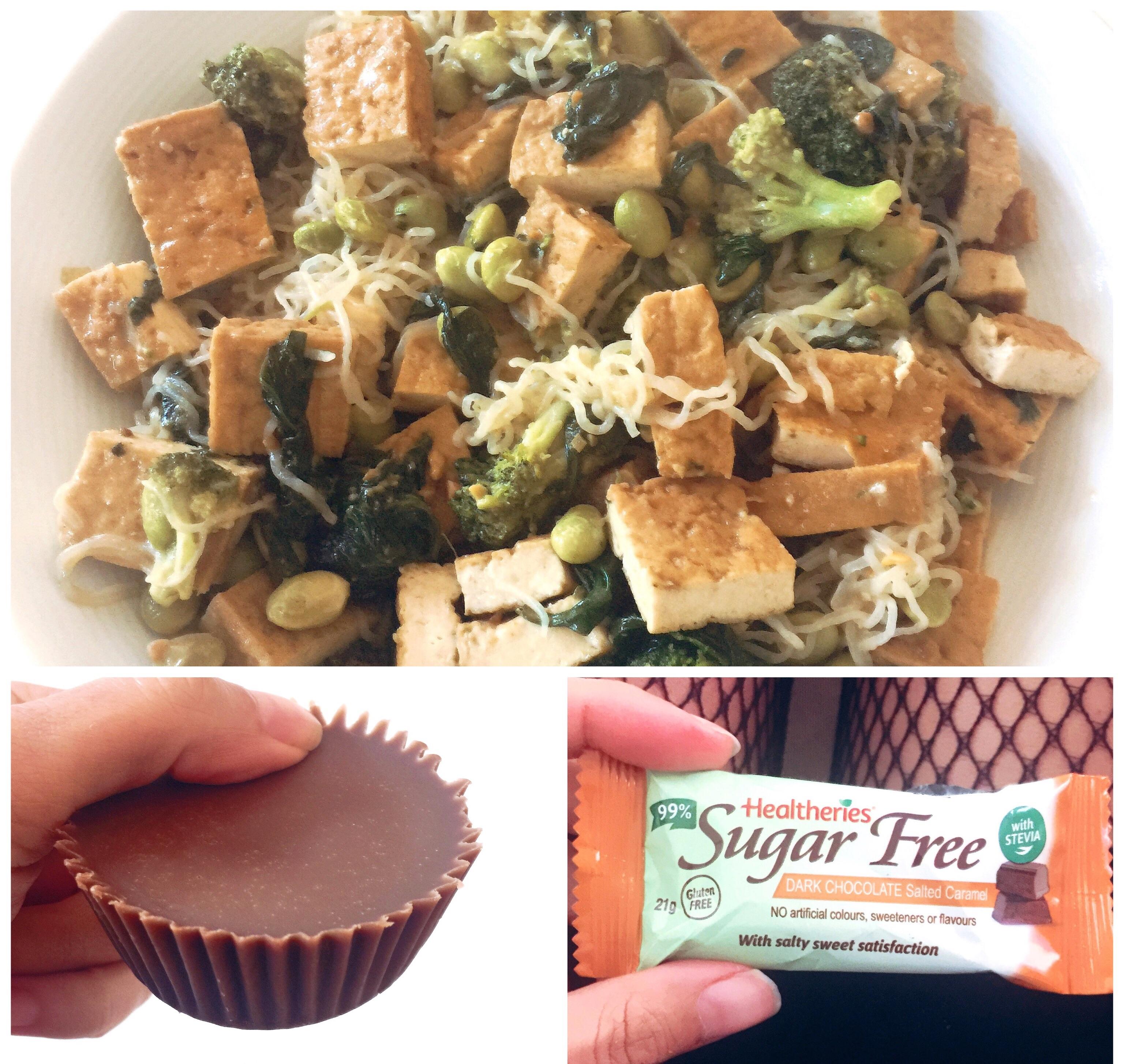 Tofu satay & veggies with noodles. Chocolate peanut butter fat bomb