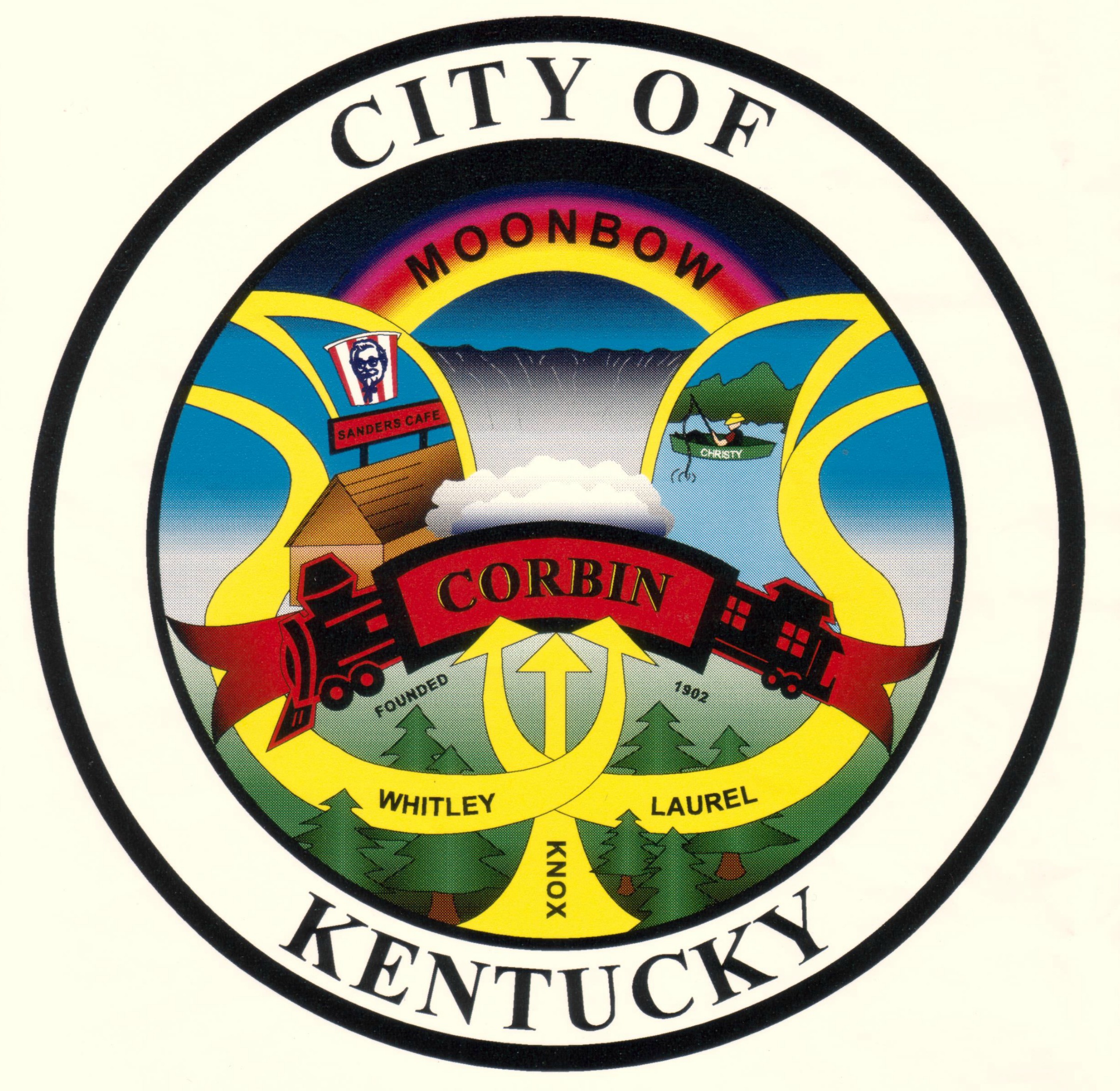 The seal of Corbin, Ky. includes KFC bucket, a moonbow and a man