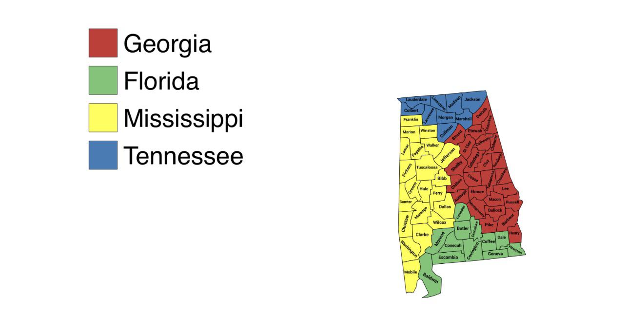 Closest State to Alabama (By County Seat) r/MapPorn