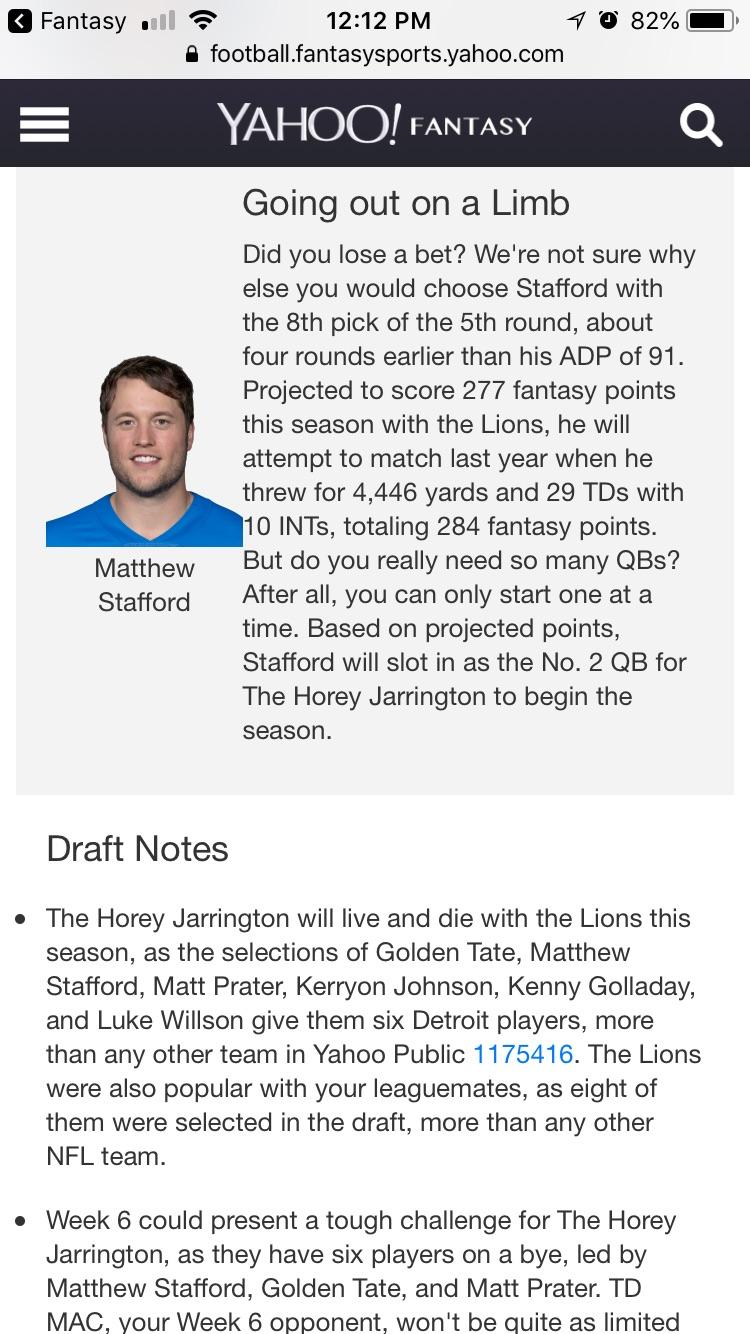 My fantasy draft report card. We'll see Yahoo. We'll see. Hashtag One Pride. detroitlions