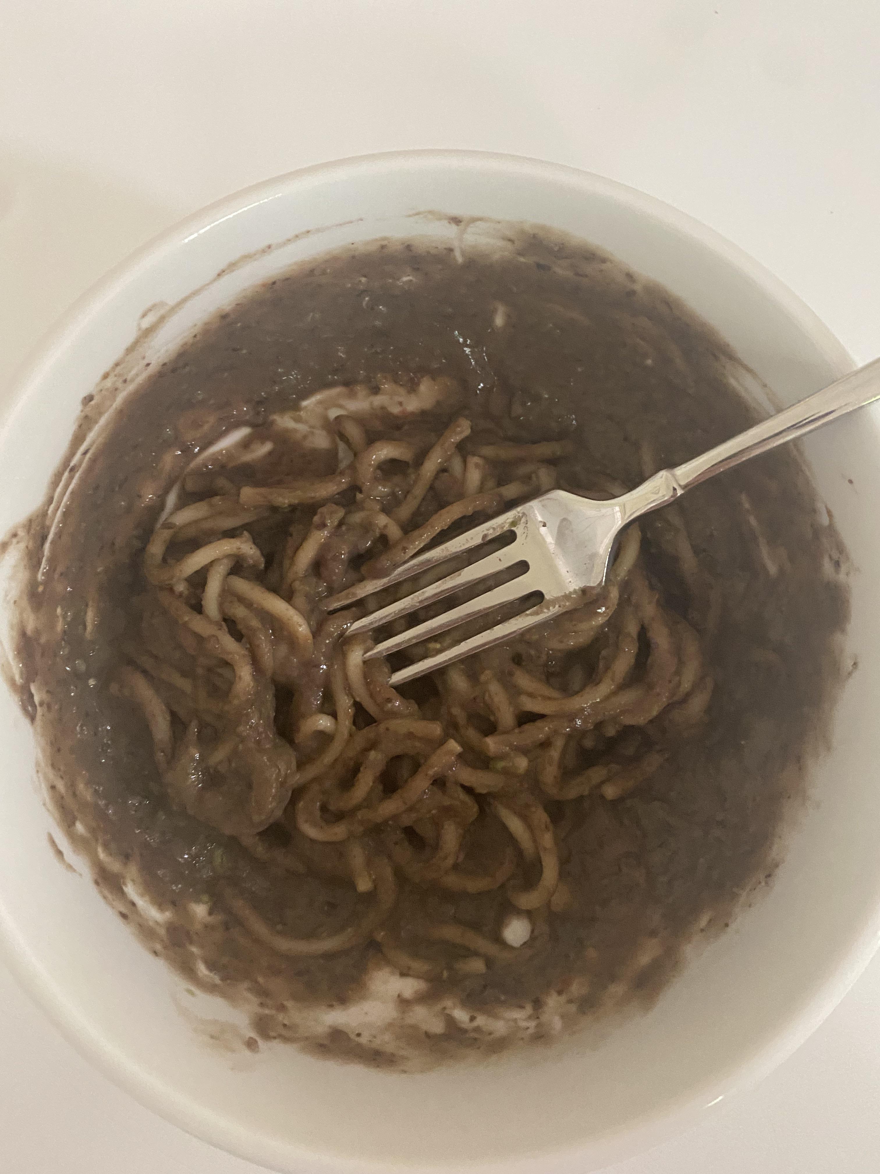 Desperation spaghetti. No pasta sauce so made my own from blended