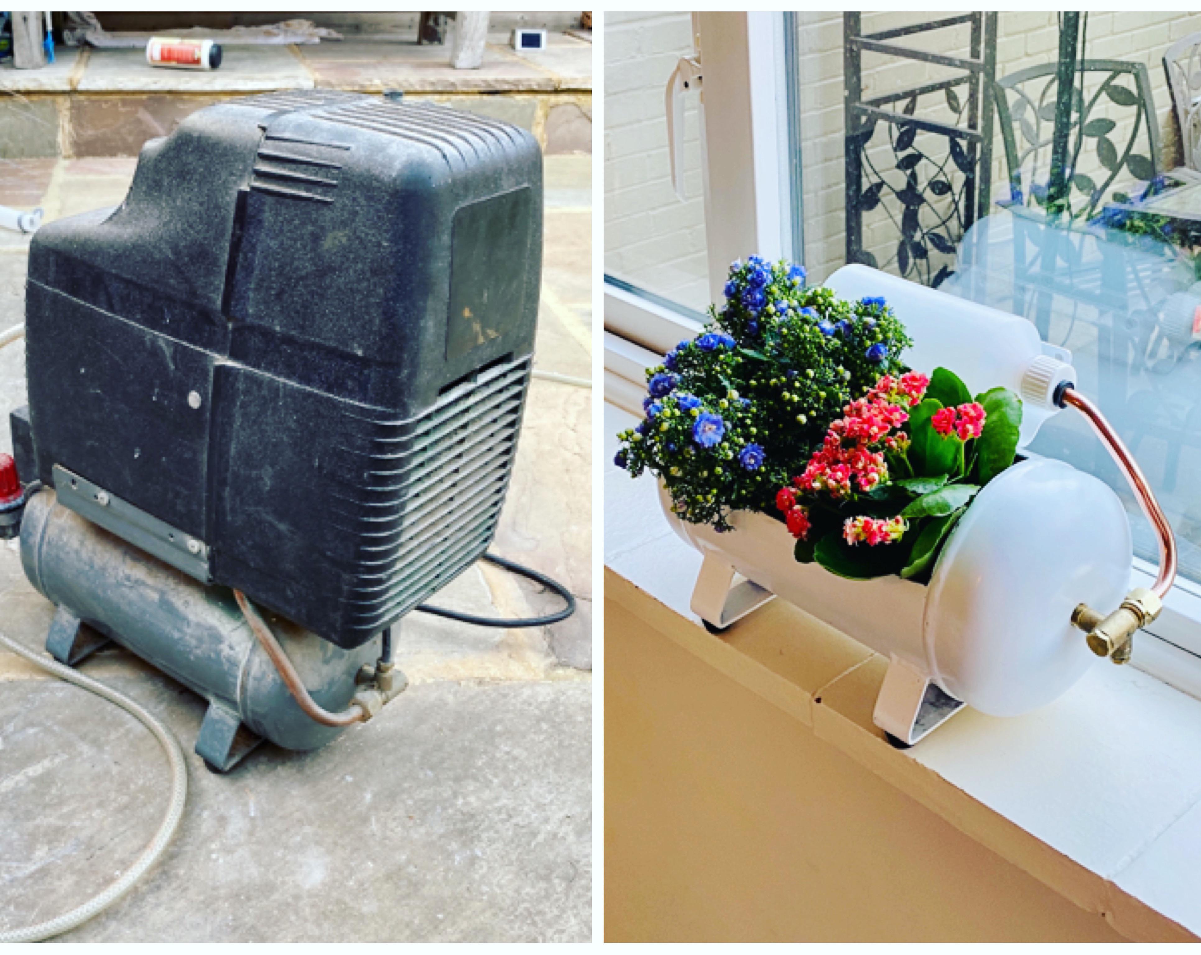 I turned a broken air compressor into a flower pot that has a reservoir.. r/upcycling