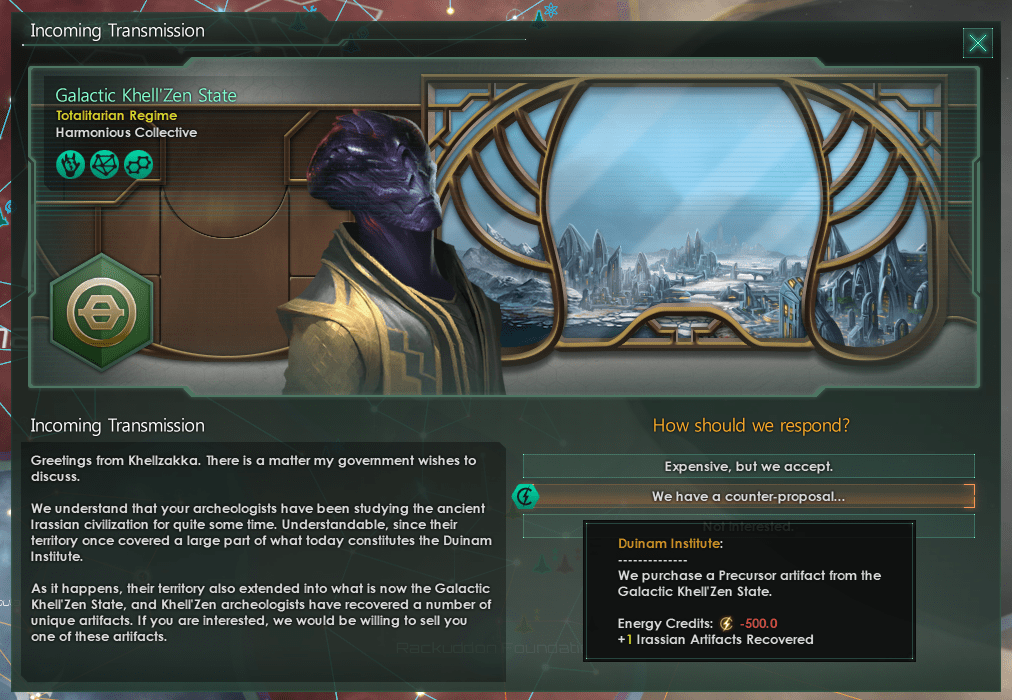 Friendly neighboring empires can sell precursor artifacts to yours r