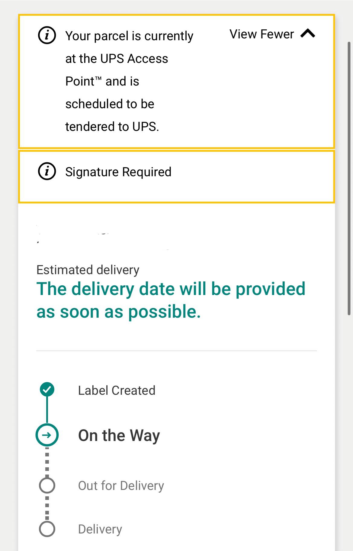 Your parcel is currently at the UPS Access Point™ and is scheduled to be tendered to UPS r/UPS