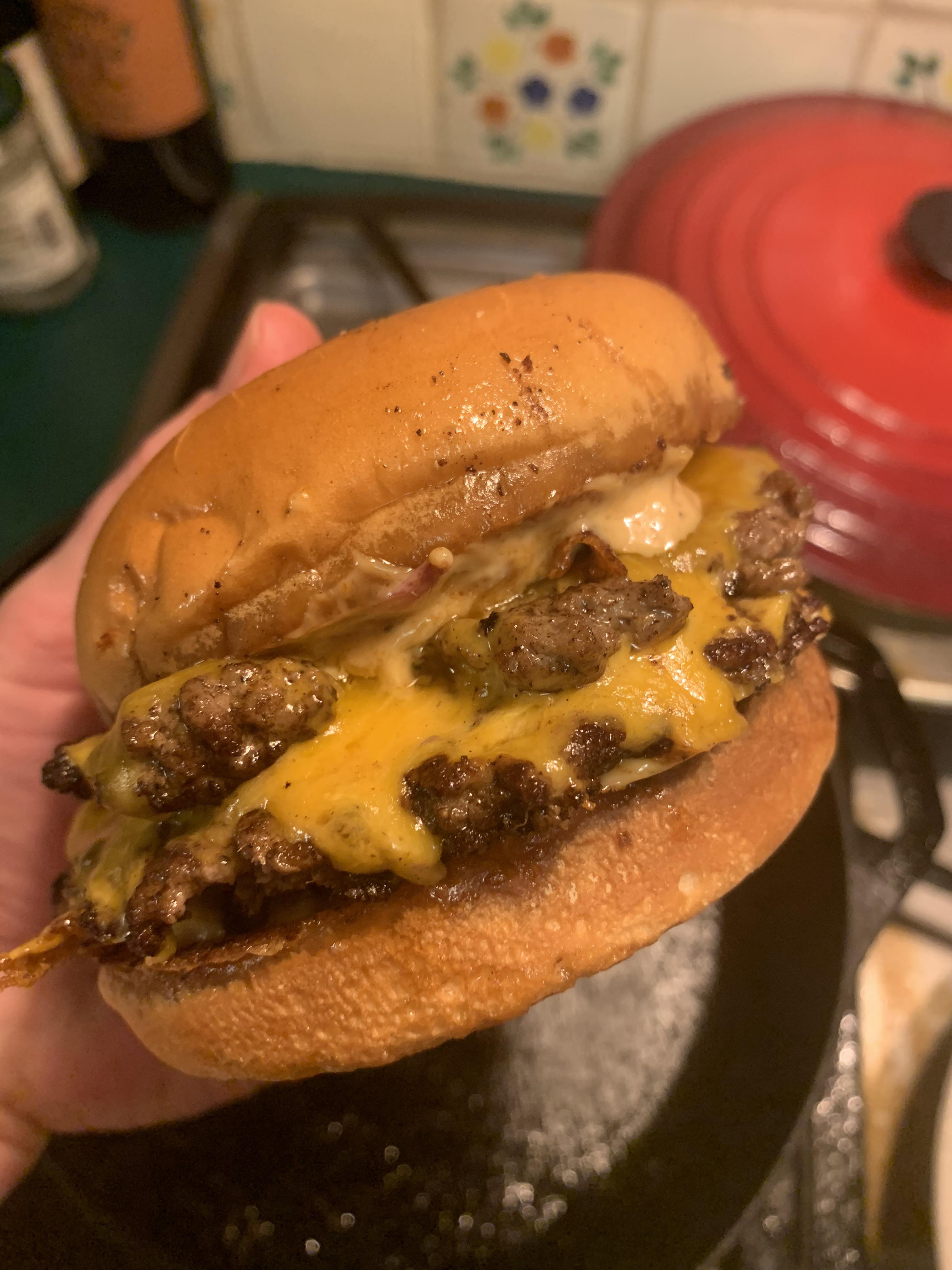 Made double burgers with shallot + paprika mayo r/burgers