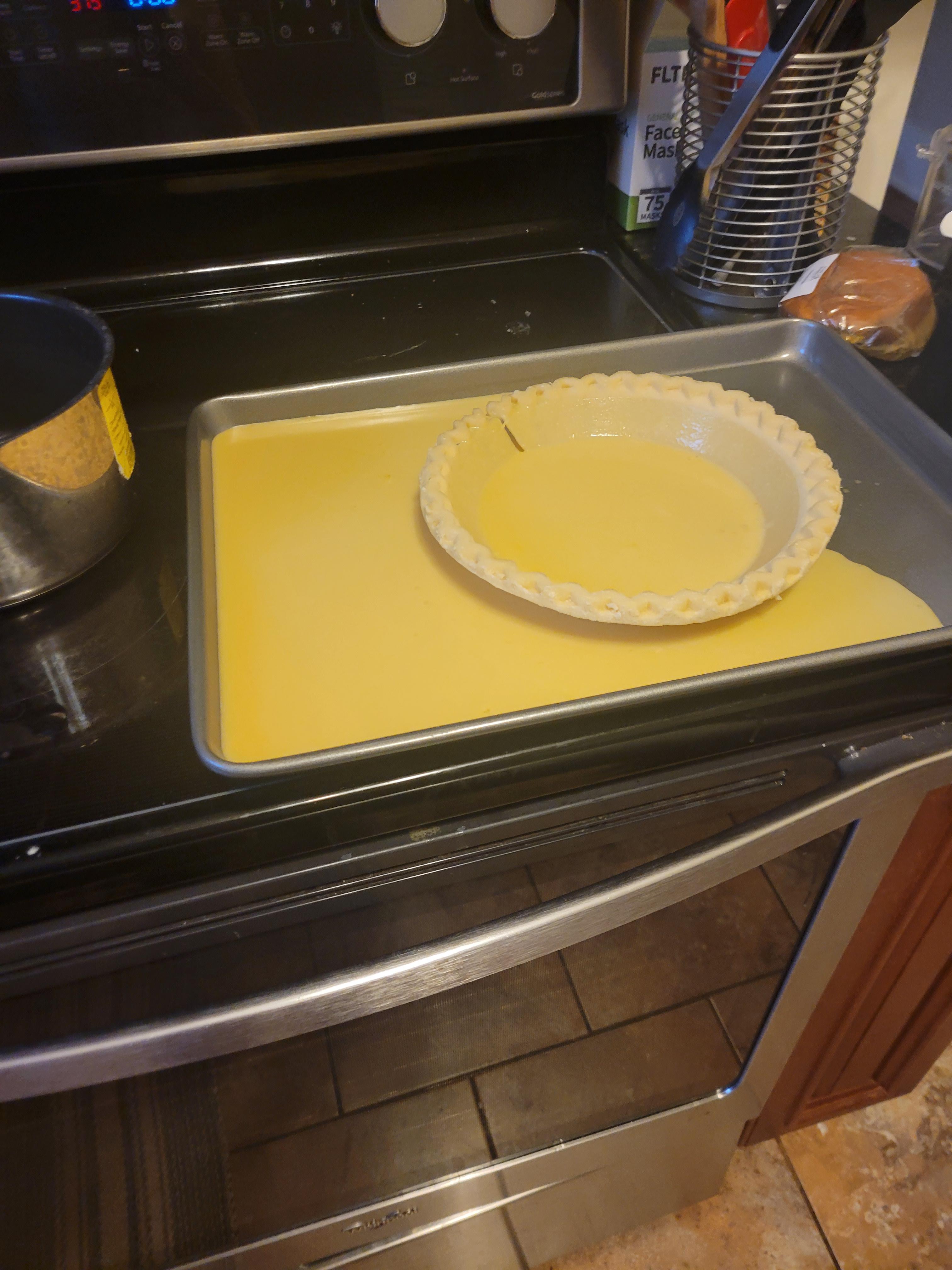 tried making an egg custard pie but didnt realize you had to keep the tinfoil pie crust on it
