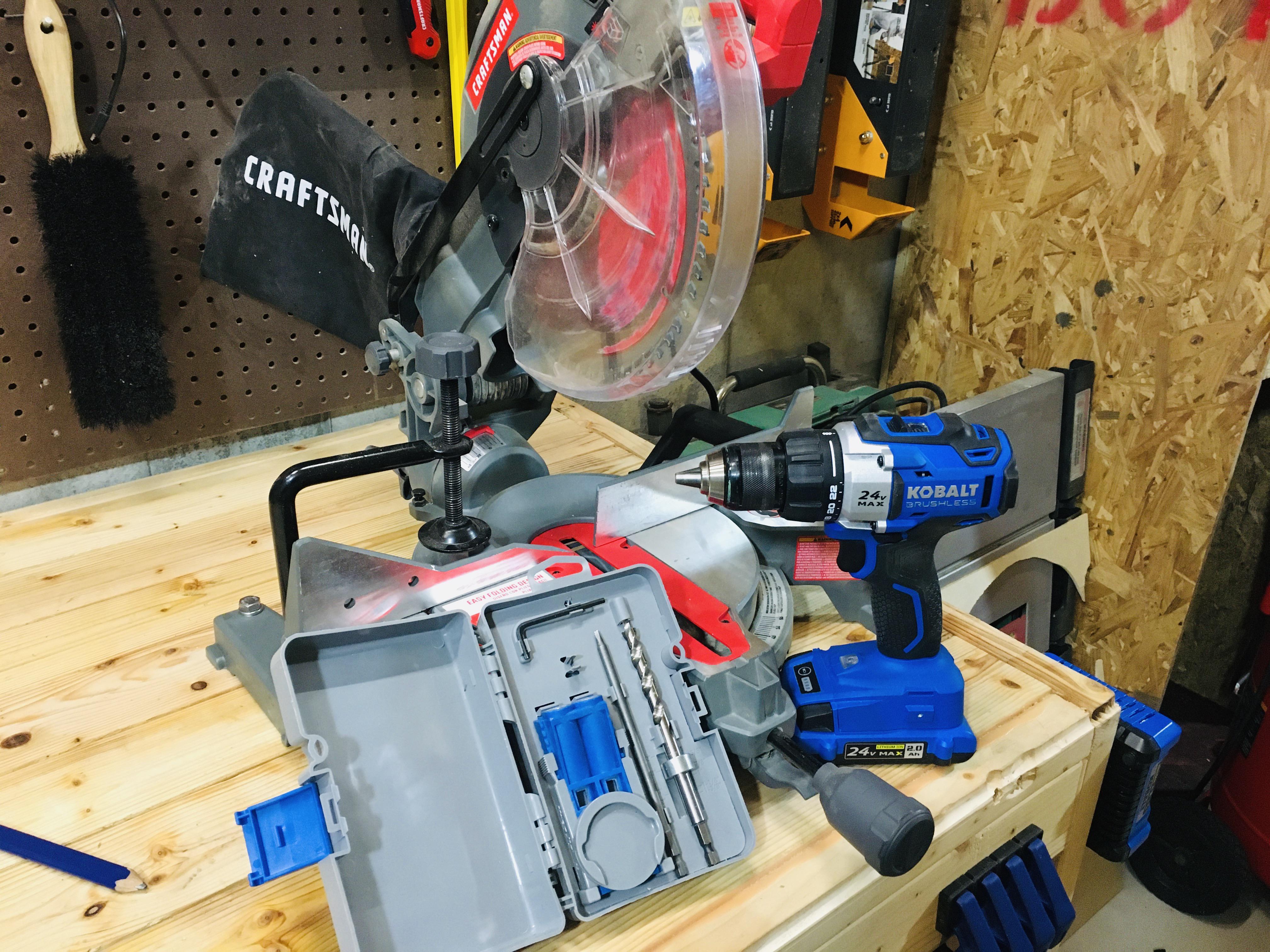 My 3 most utilized tools in my shop, power drill, miter saw, pocket