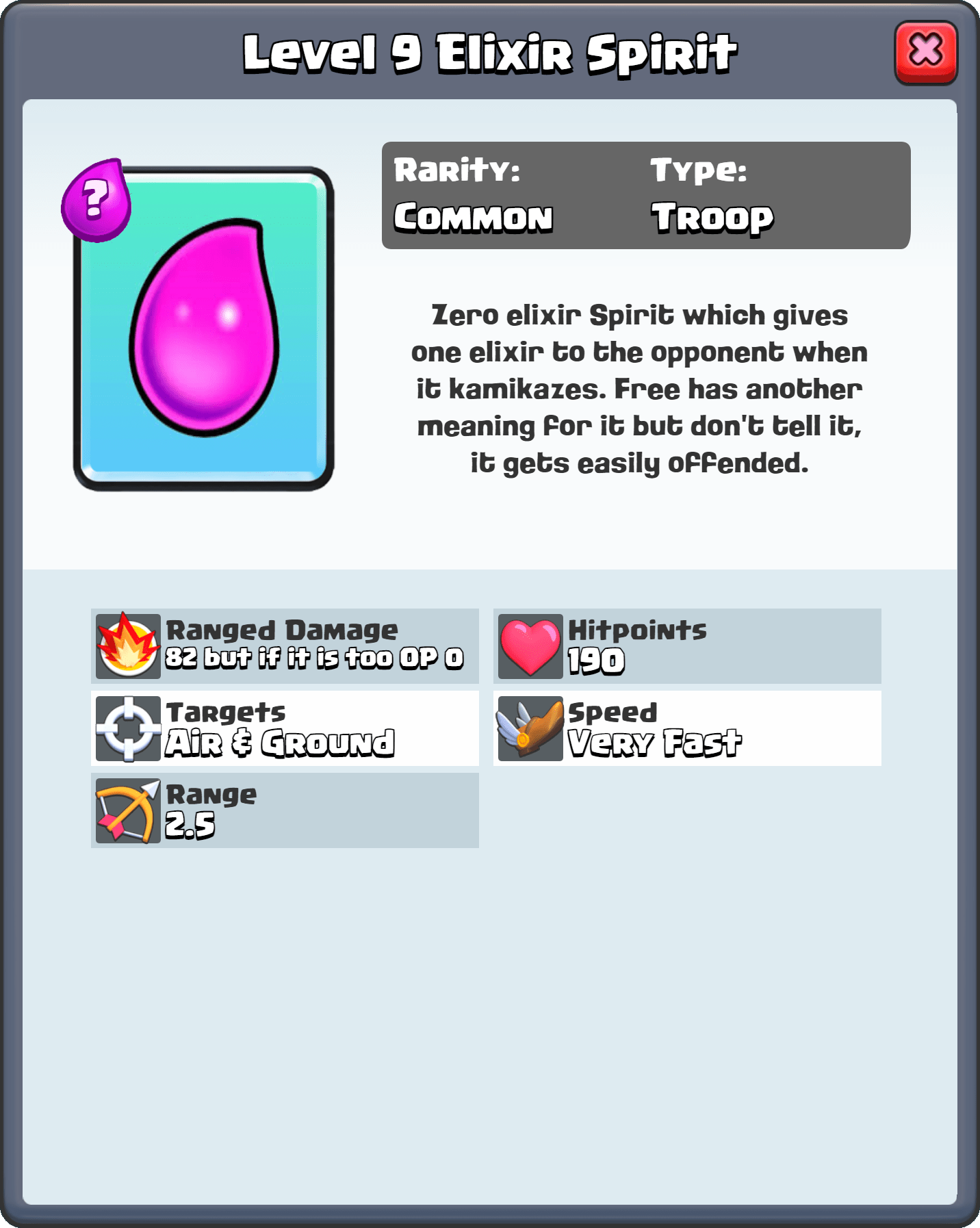 Card Idea Elixir Spirit. It is like the other Spirits except it costs 0