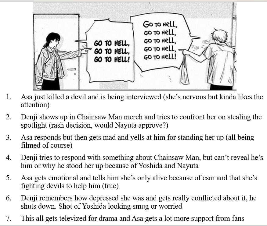 My prediction for next chapter Asa & Denji yell at each other r