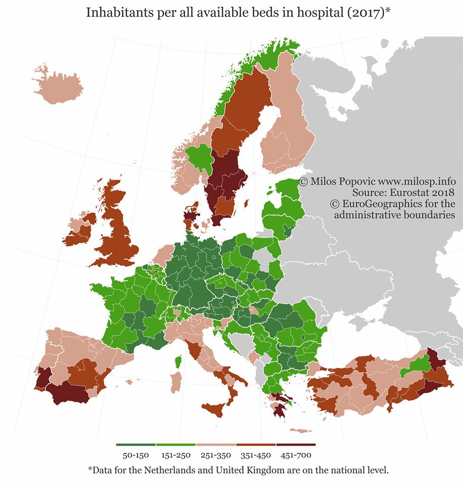 Inhabitants per all available beds in hospital (2017) Europe r/MapPorn