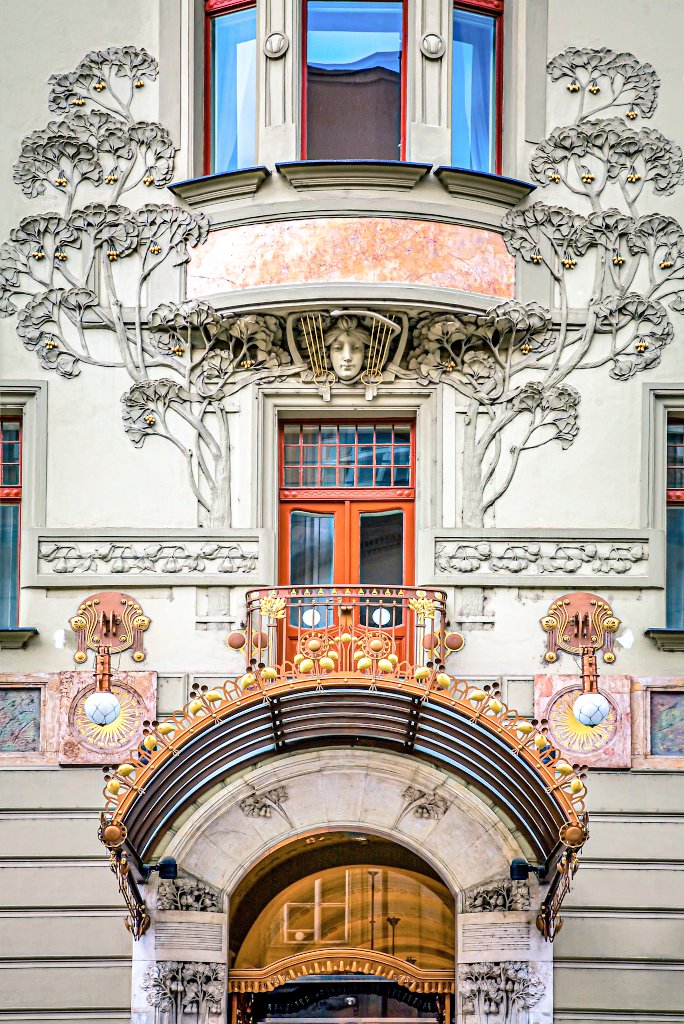 The Art Nouveau facade of the 1902 'Central Hotel', Prague, Czech