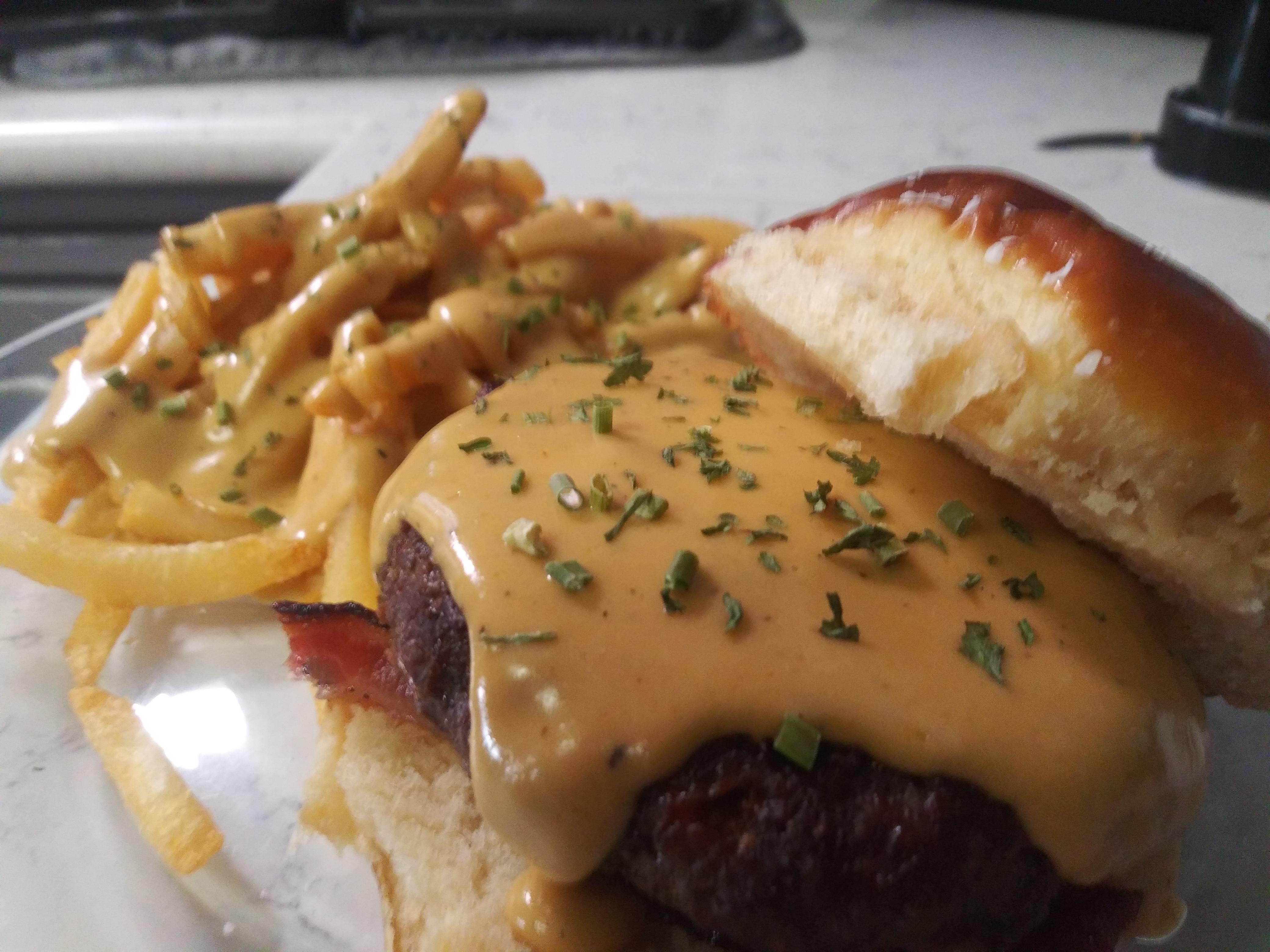 [Homemade] beer cheese burger on a pretzel bun r/food