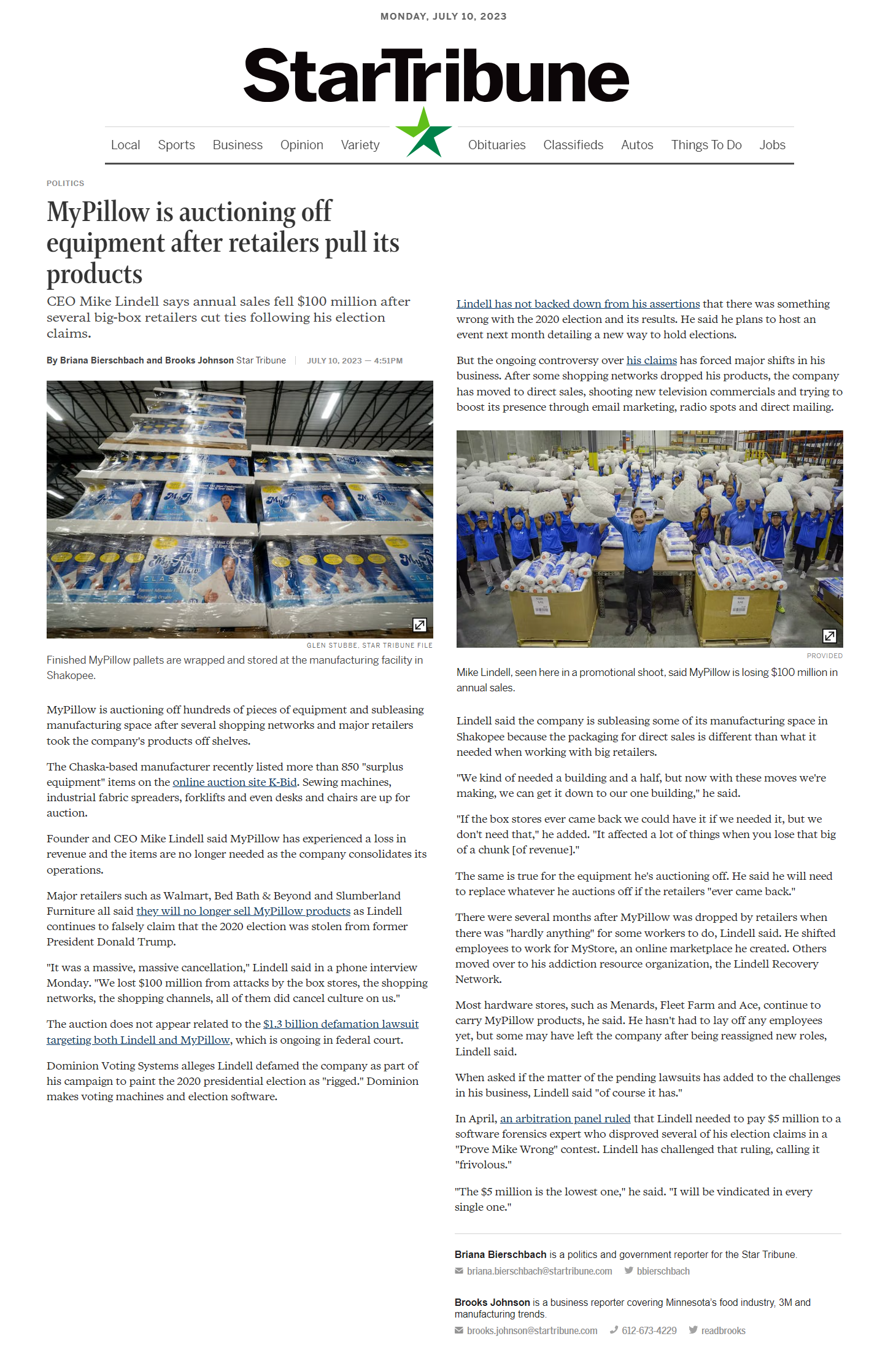 StarTribune My Pillow is auctioning off equipment after retailers pull