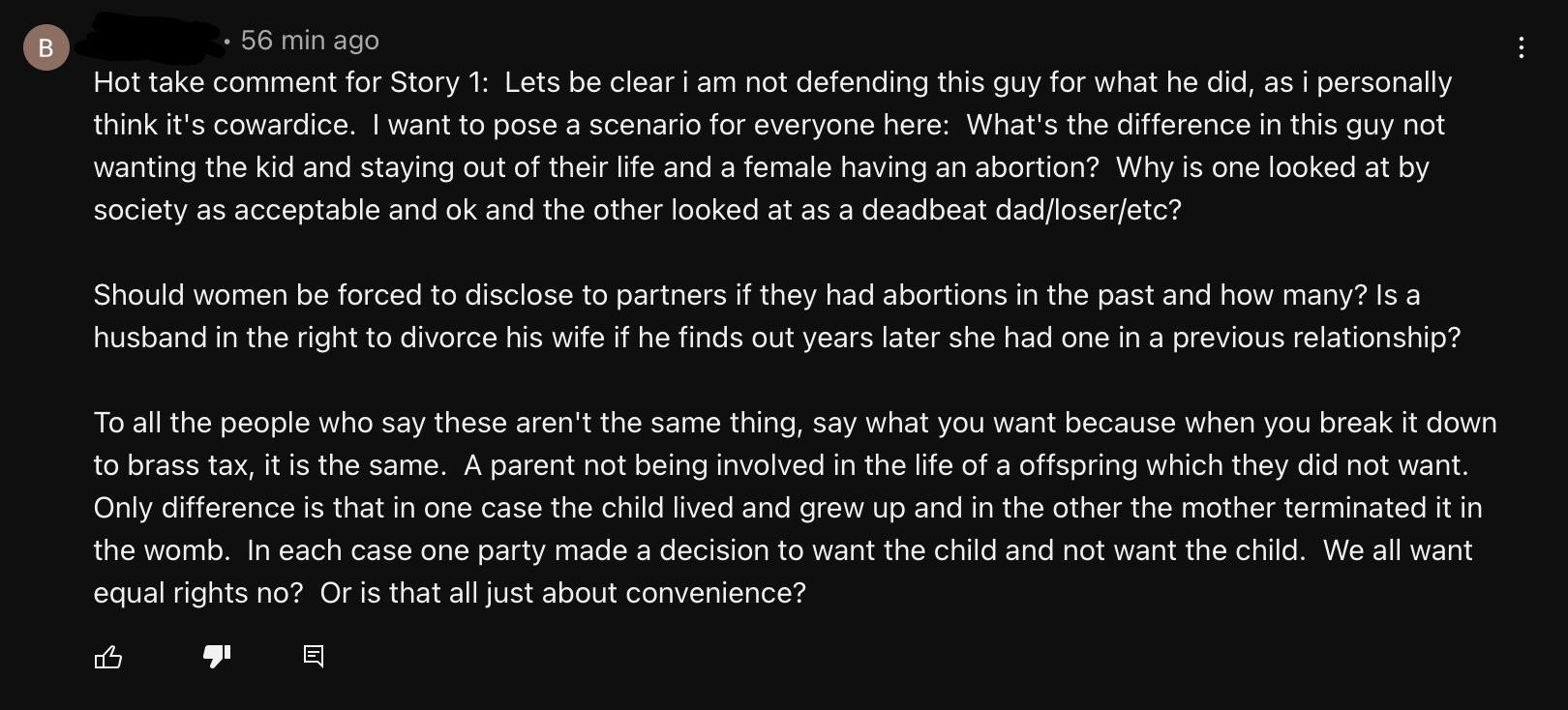 Comment on a Reddit story YouTube video about a man abandoning his