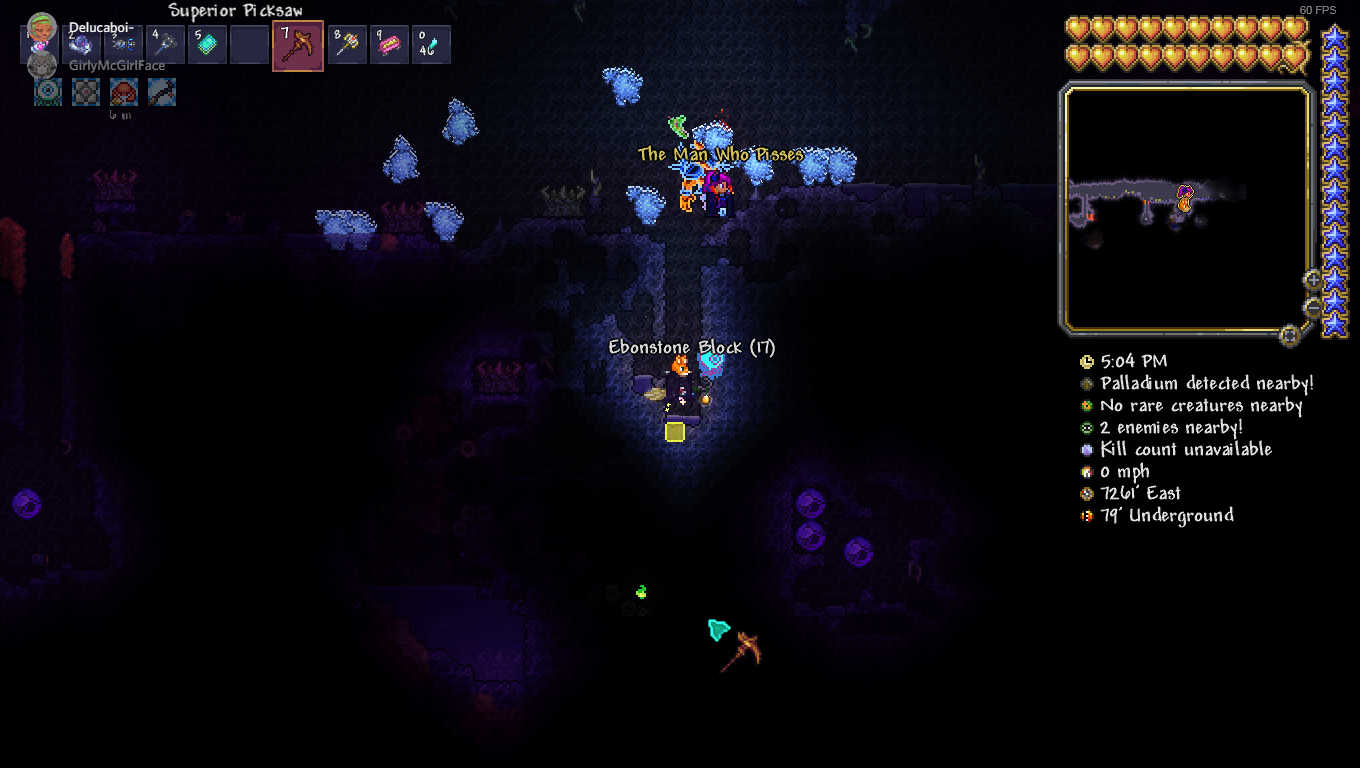 Funky Shadow Orb spawn in Terraria, makes for a quick EoW fight lmao
