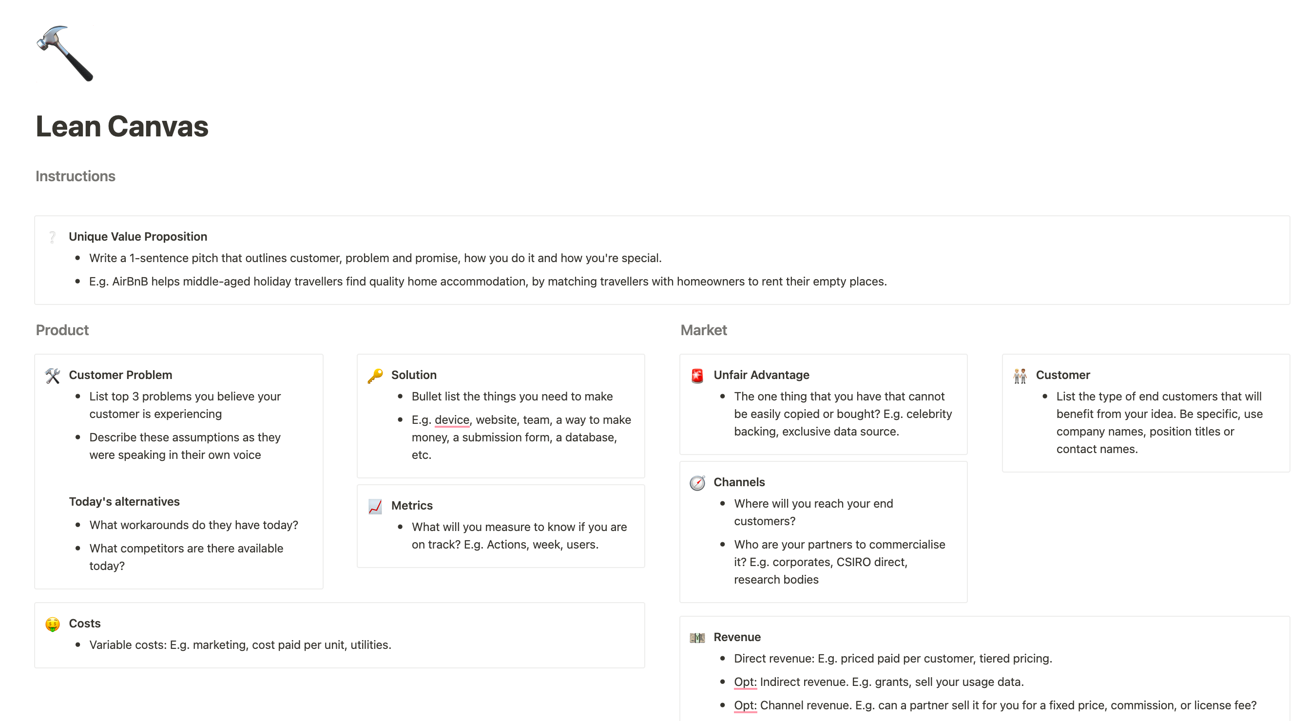 Lean startup template in Notion great for validating business ideas