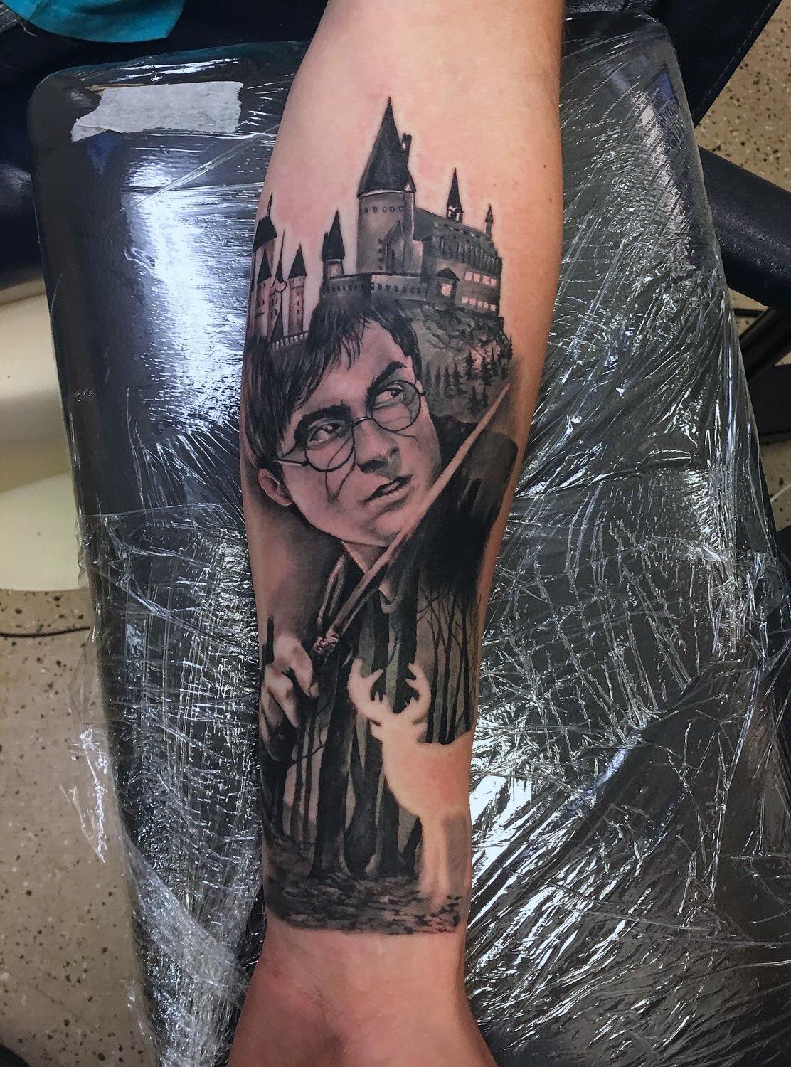 Harry Potter done by Kris CK at badcat tattoo studio in Rapid City, SD