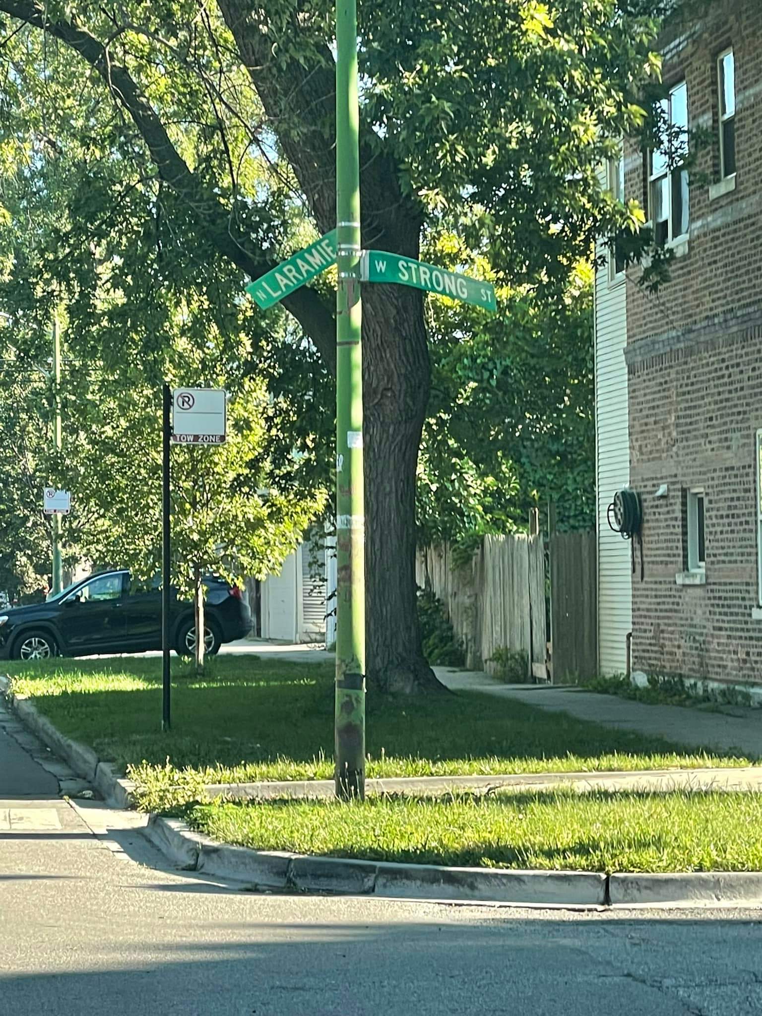 bent street sign Strong and Laramie (maybe gang related) r/GangBangCity