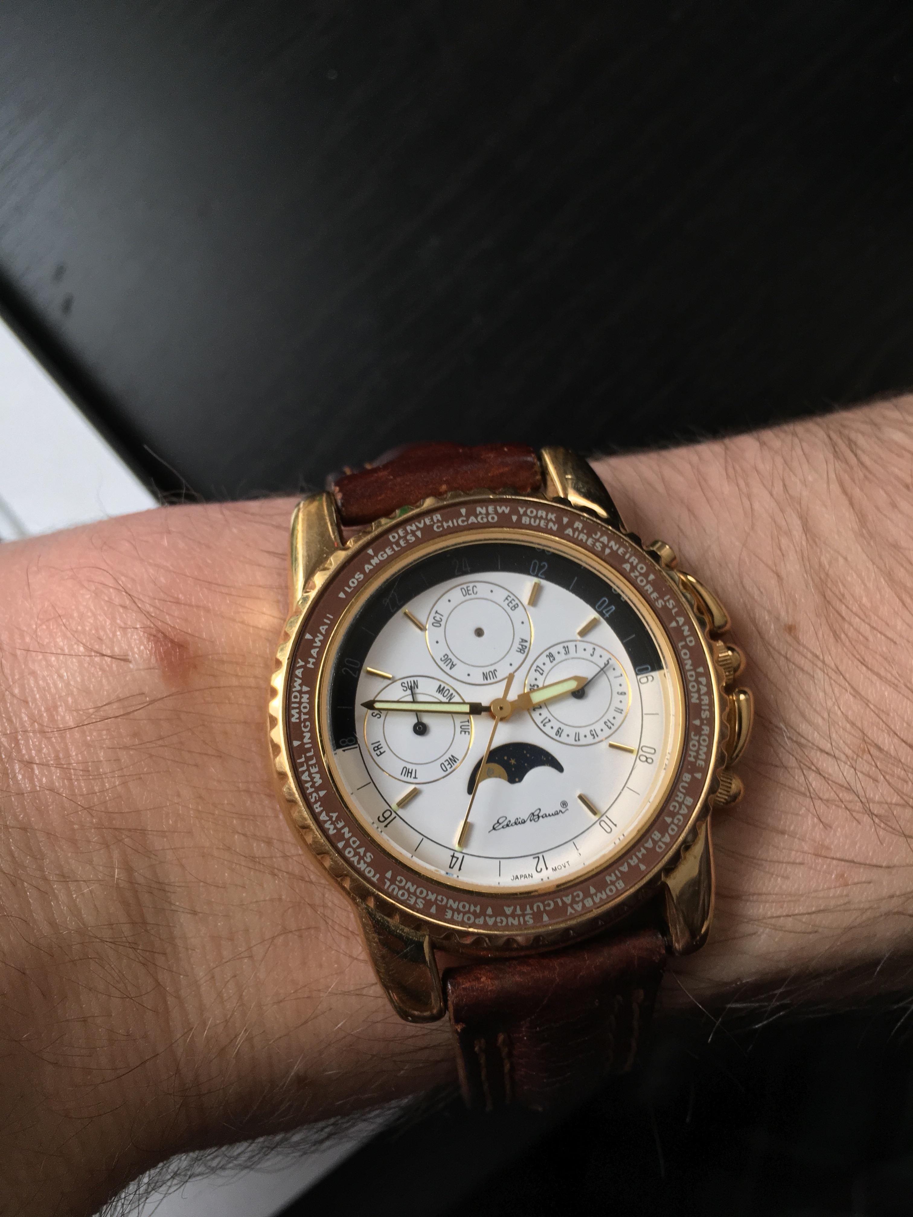 [Identify] Eddie Bauer moon phase with rotating GMT bezel r/Watches