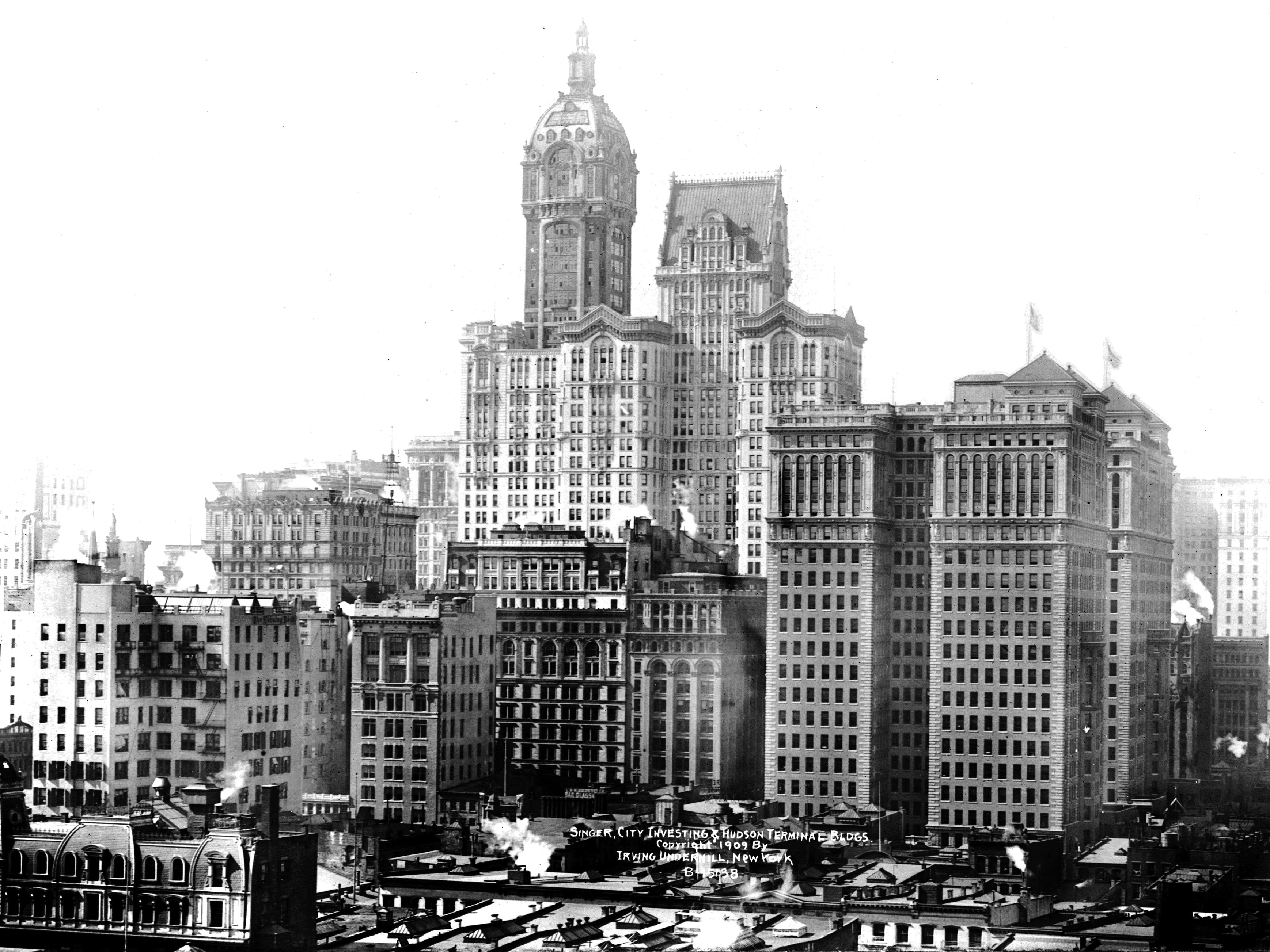 A cluster of New York skyscrapers, all demolished in 1968 to construct