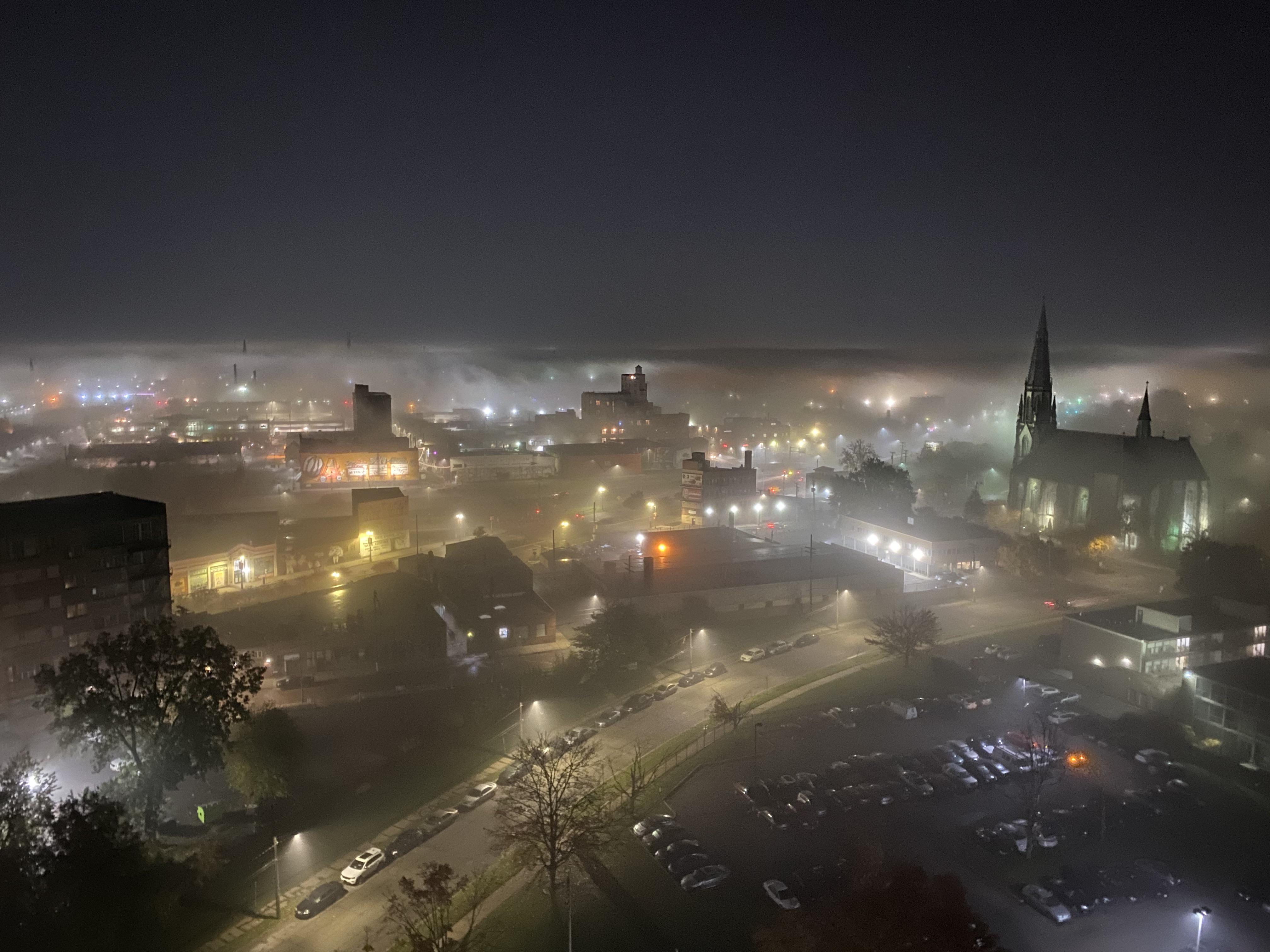 View of eastern market in tonight’s fog. Happy Halloween Detroit! r