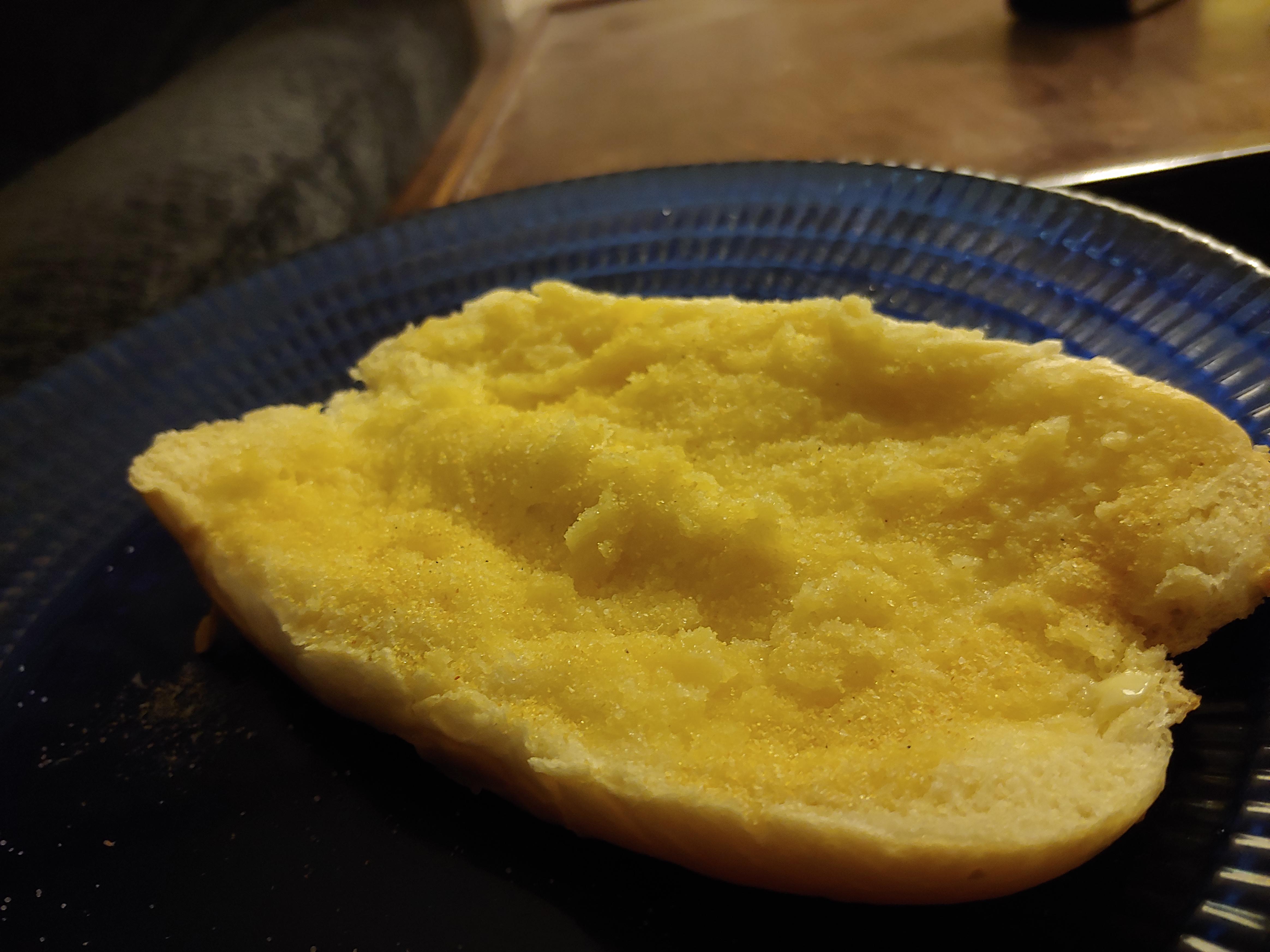 "Garlic bread" hot dog bun, butter, garlic powder, salt r