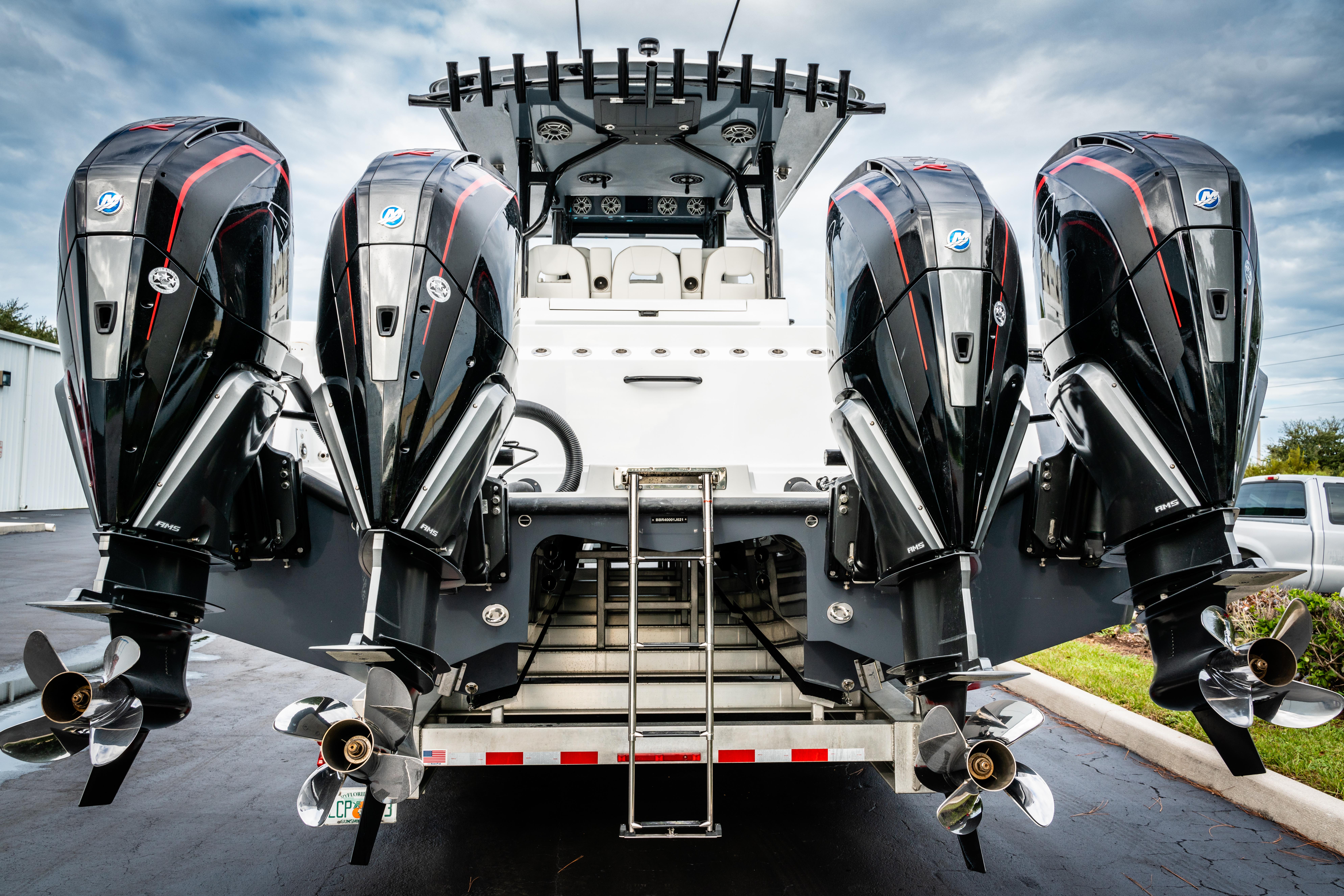 Quad Mercury Racing 450s on the back of a Barker Boatworks 40