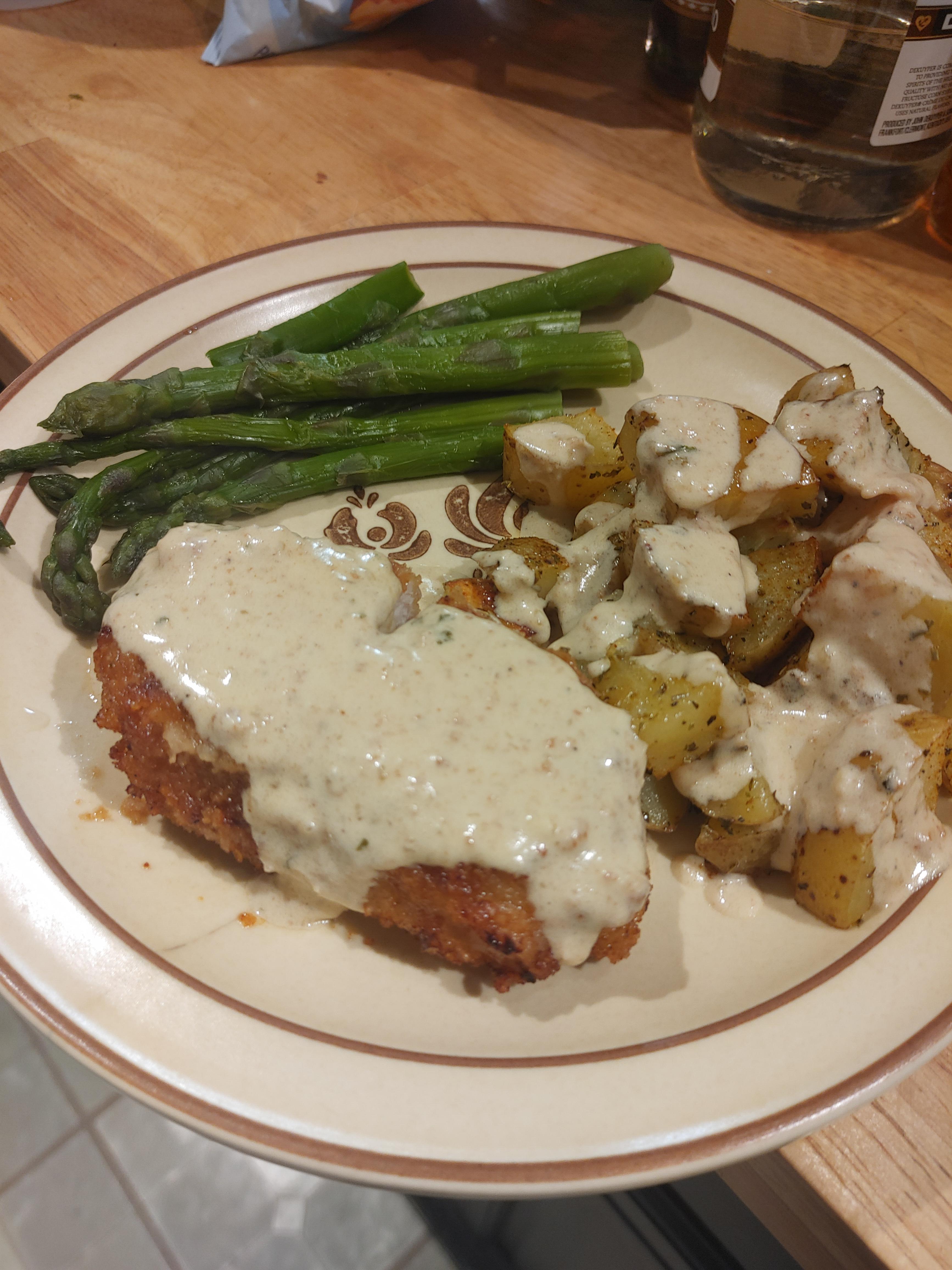 Week 5 Mustard breaded pork chops and roasted potatoes with a dijon