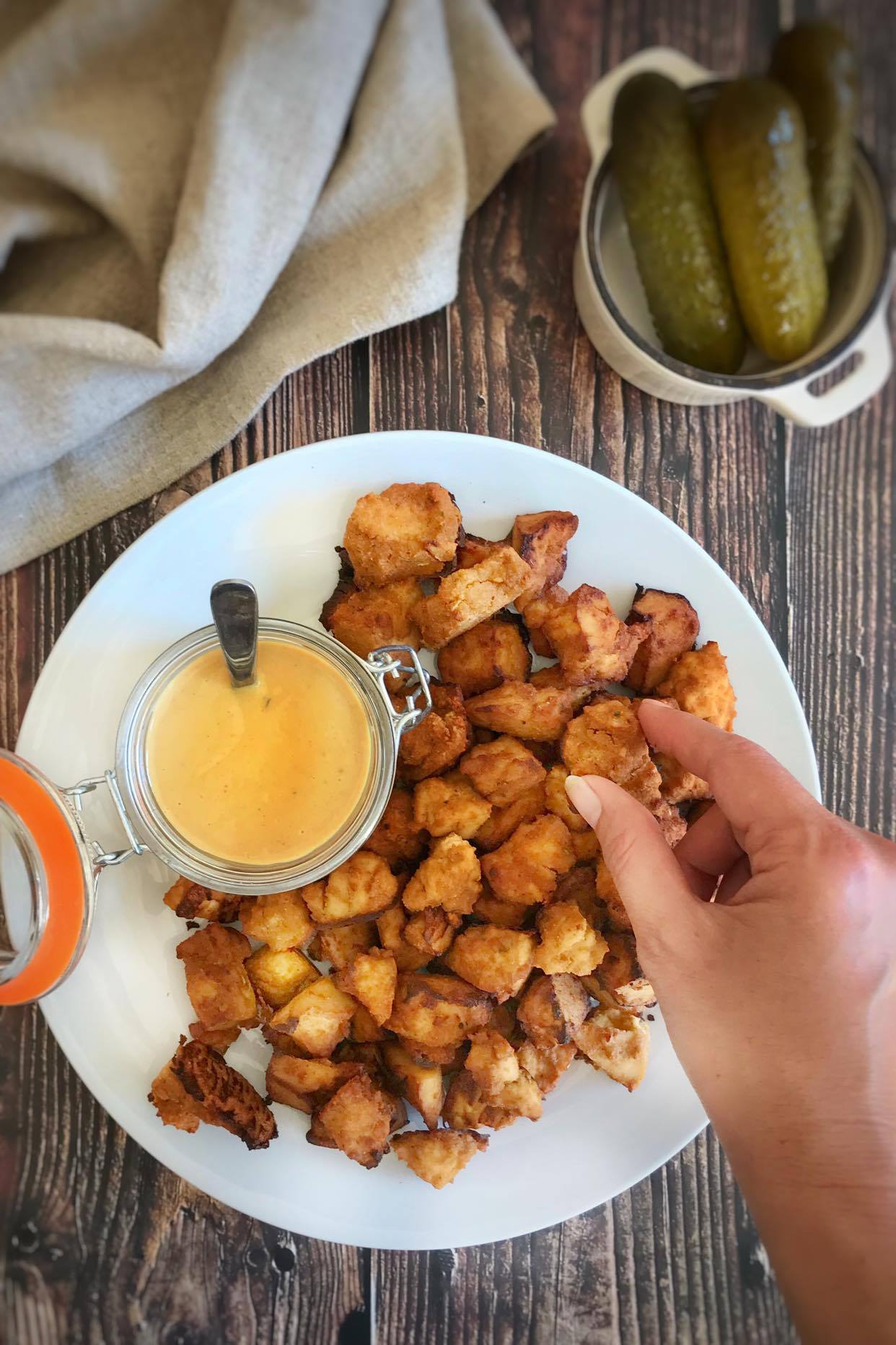 Oilfree ChickfilA Style Tofu Nuggets with a Vegan "Vegan" Honey