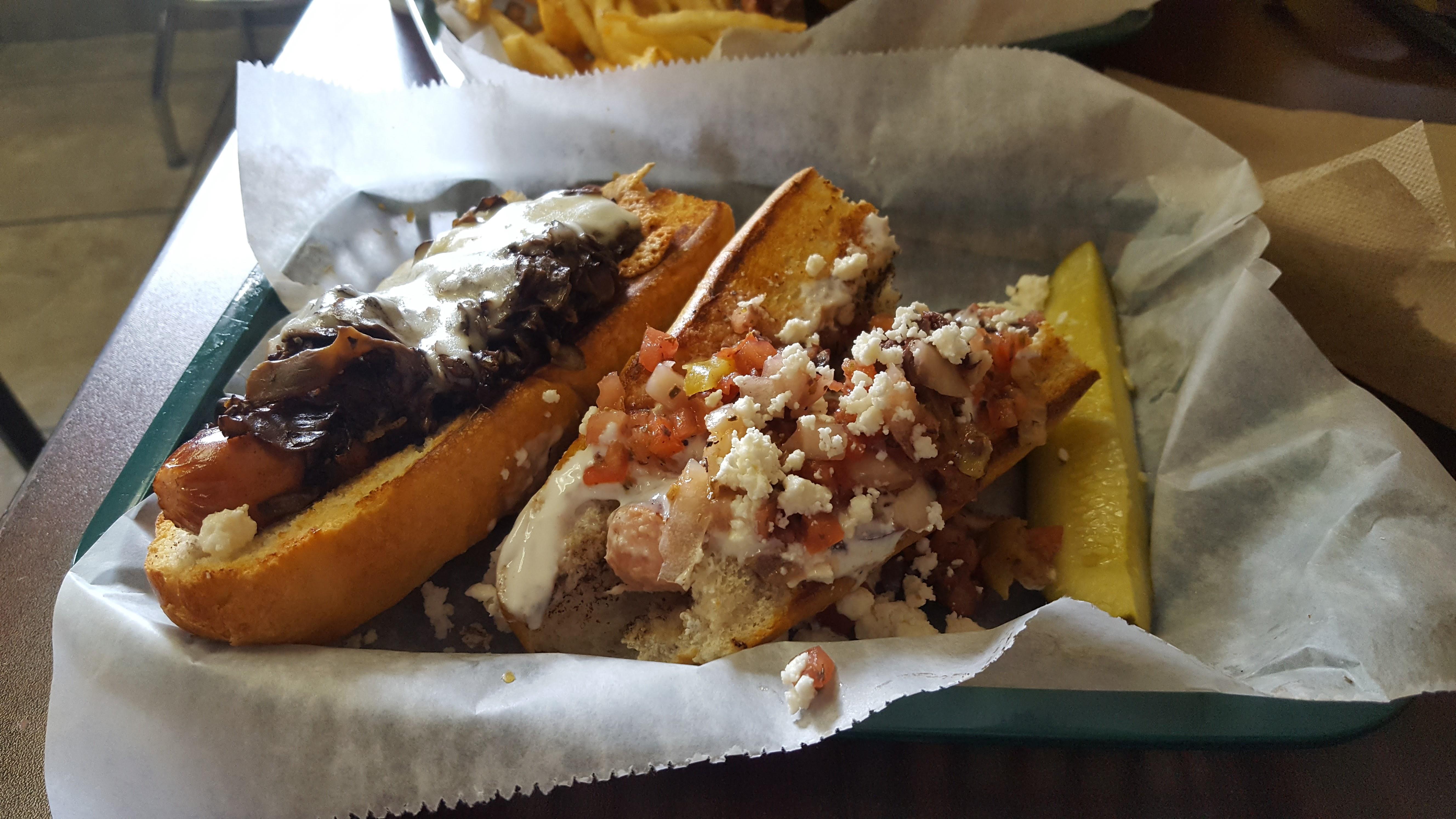 [I Ate] two hot dogs one with sauteed mushrooms, swiss and dijon