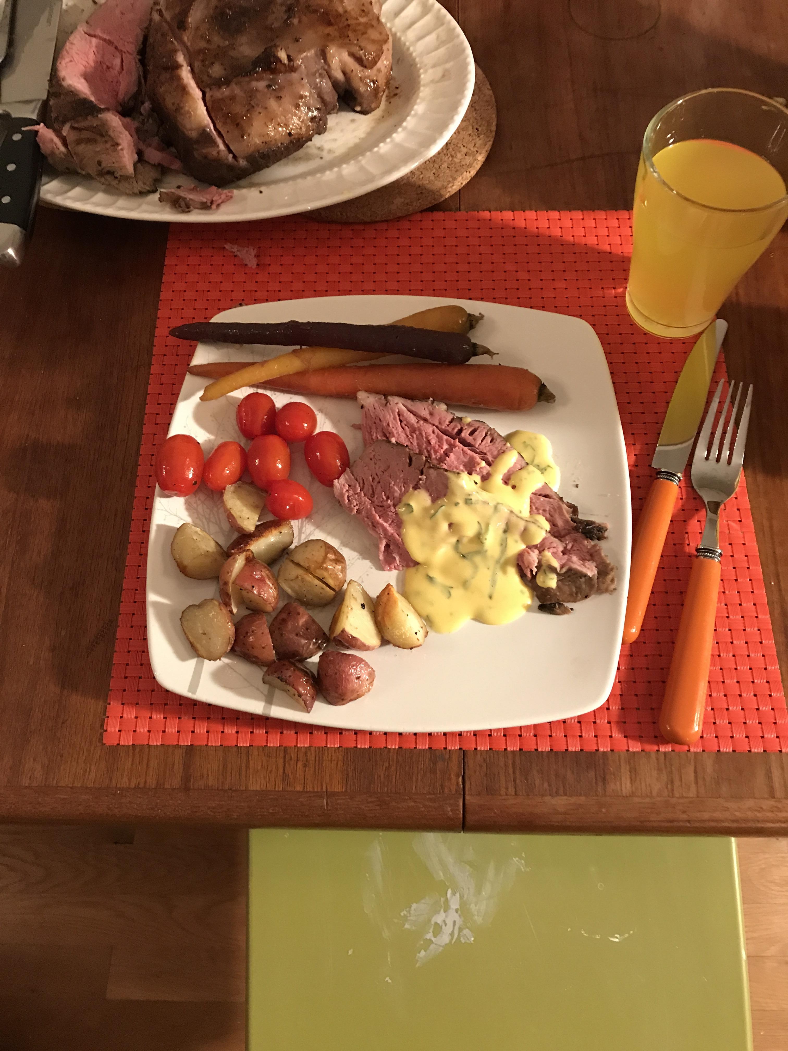 Butterflied leg of lamb (6 hours at 145 with sauteed garlic, rosemary, thyme and a bit of