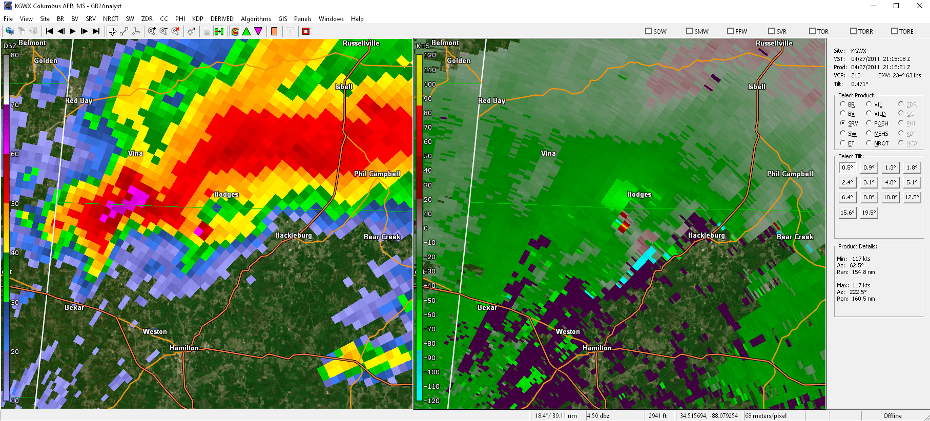 The Smithville tornado on Radar. Doesn't look like a hook anymore it's just a hole. r/tornado