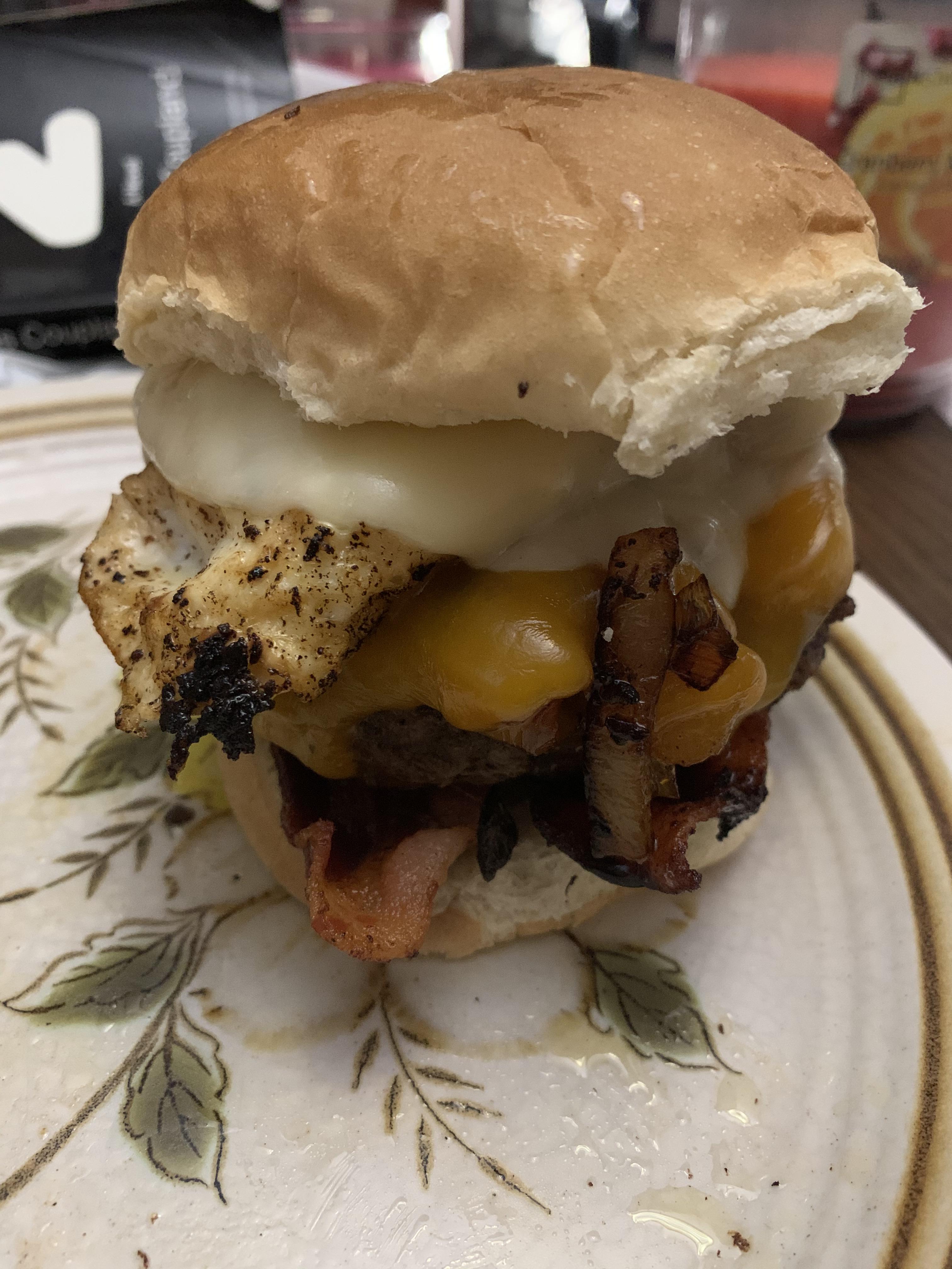 Half pound burger and cleared out the fridge of everything that needed