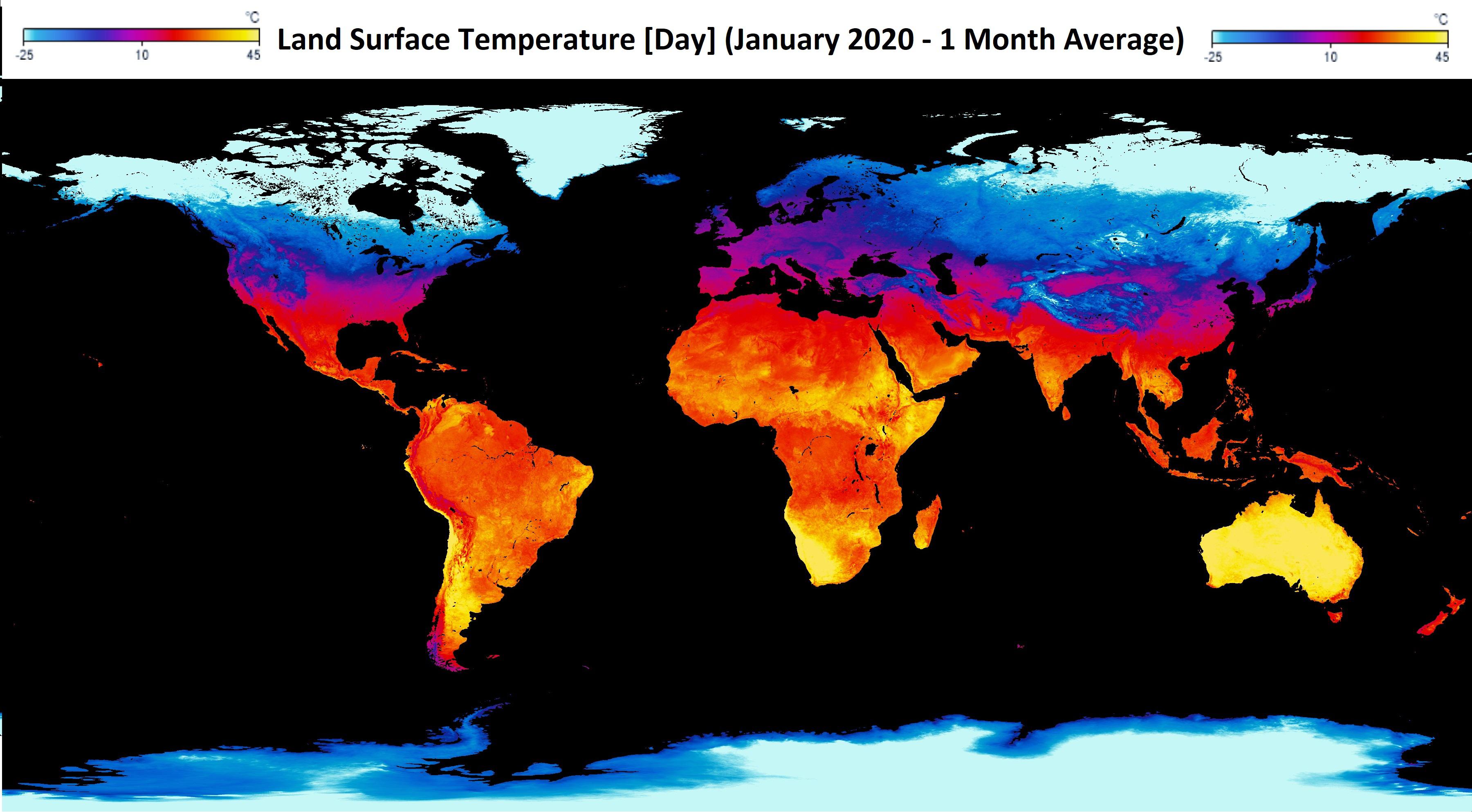 World Weather Map January Land Surface Temperature [Day] (January 2020 1 Month Average) MapPorn